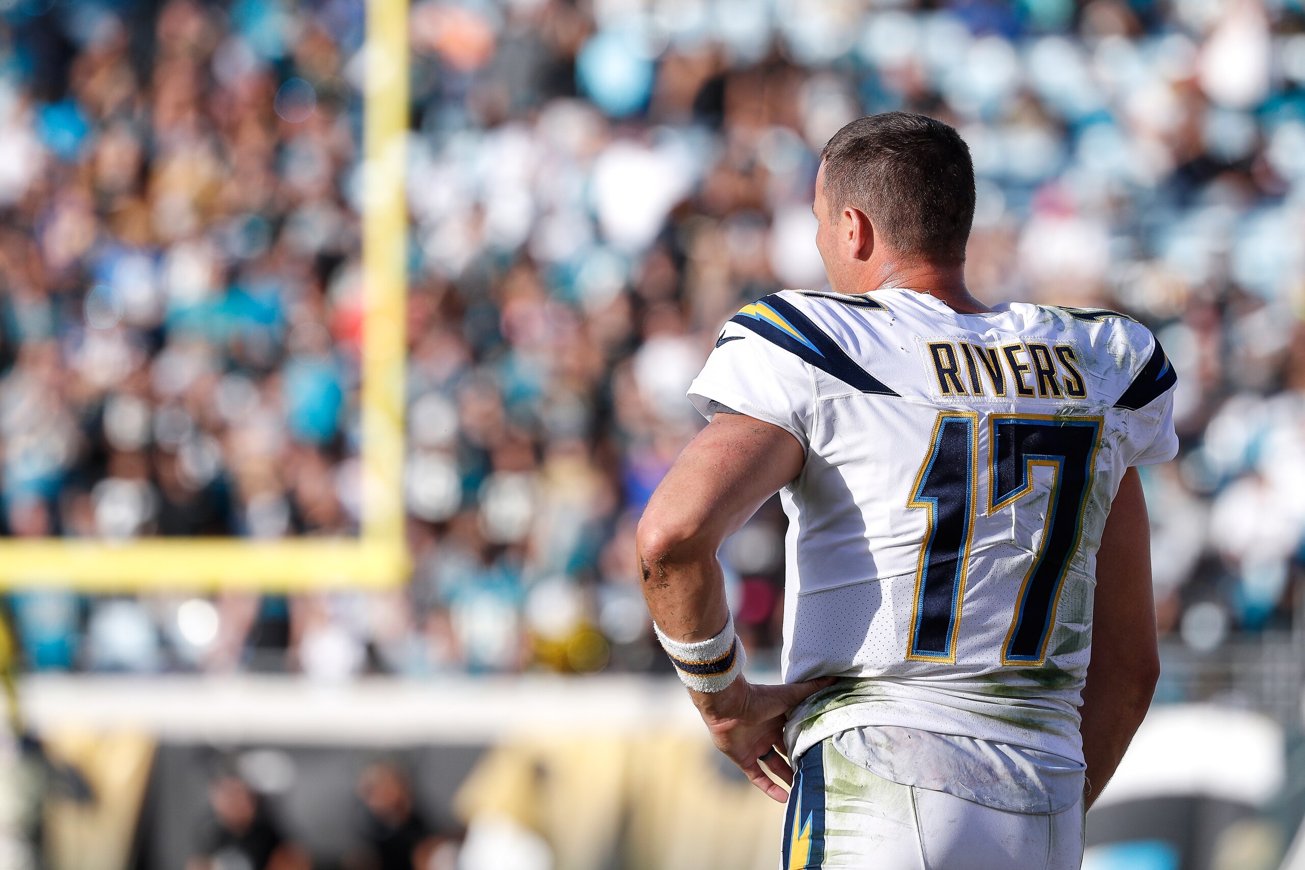 JACKSONVILLE, FL - NOVEMBER 12: A backview Quarterback Philip Rivers #17 of the Los Angeles Chargers on the sidelines during the game against the Jacksonville Jaguars at EverBank Field on November 12, 2017 in Jacksonville, Florida. The Jaguars defeated th