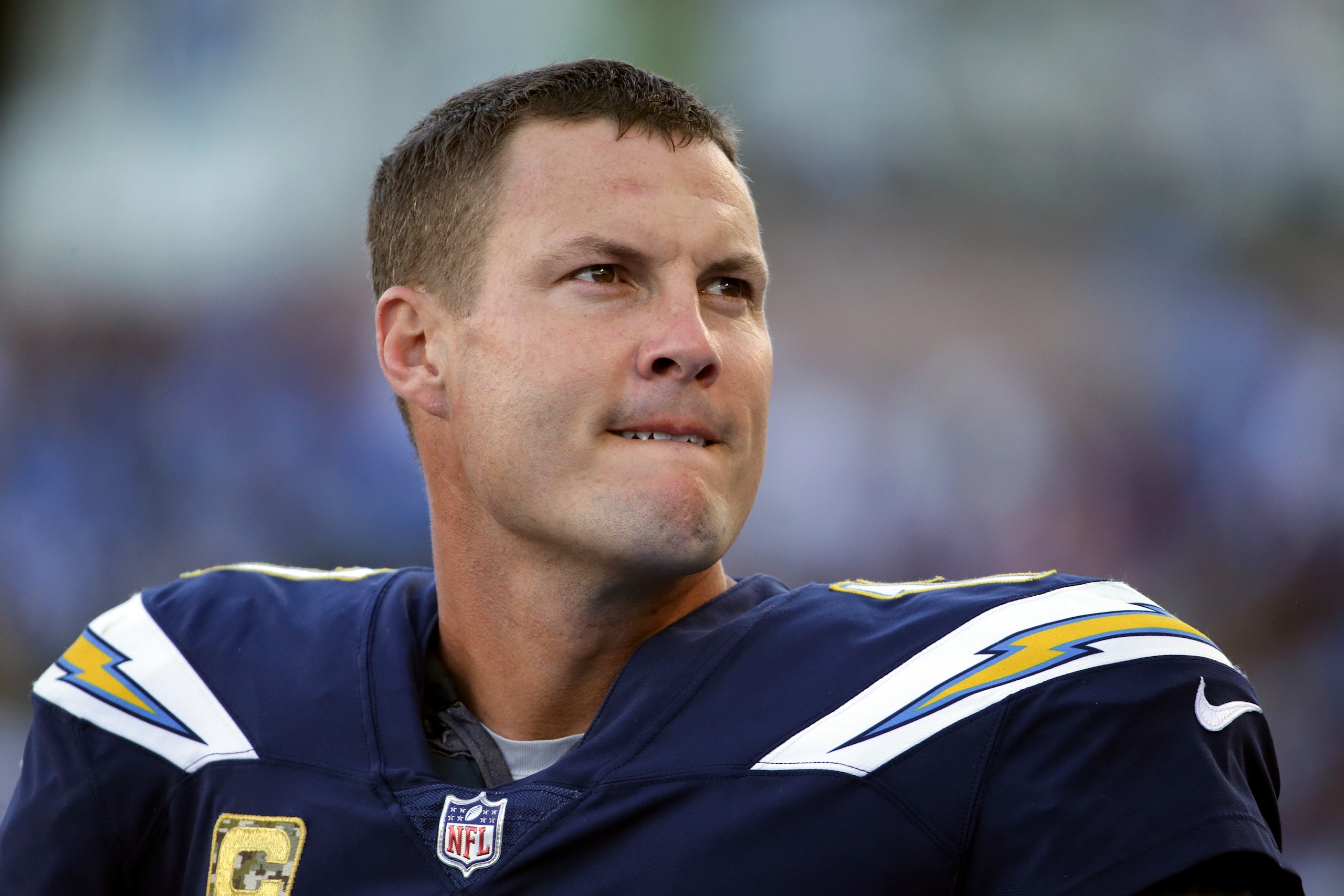 CARSON, CA - NOVEMBER 19:  Philip Rivers #17 of the Los Angeles Chargers looks on during the NFL game against the Buffalo Bills at the StubHub Center on November 19, 2017 in Carson, California.  (Photo by Jeff Gross/Getty Images)
