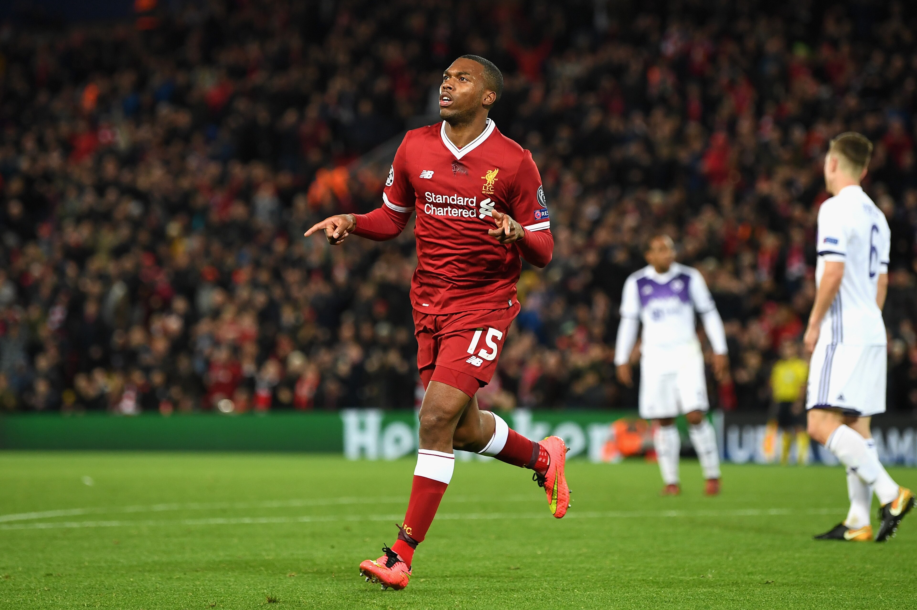 LIVERPOOL, ENGLAND - NOVEMBER 01: Daniel Sturridge of Liverpool celebrates scoring his sides third goal during the UEFA Champions League group E match between Liverpool FC and NK Maribor at Anfield on November 1, 2017 in Liverpool, United Kingdom.  (Photo