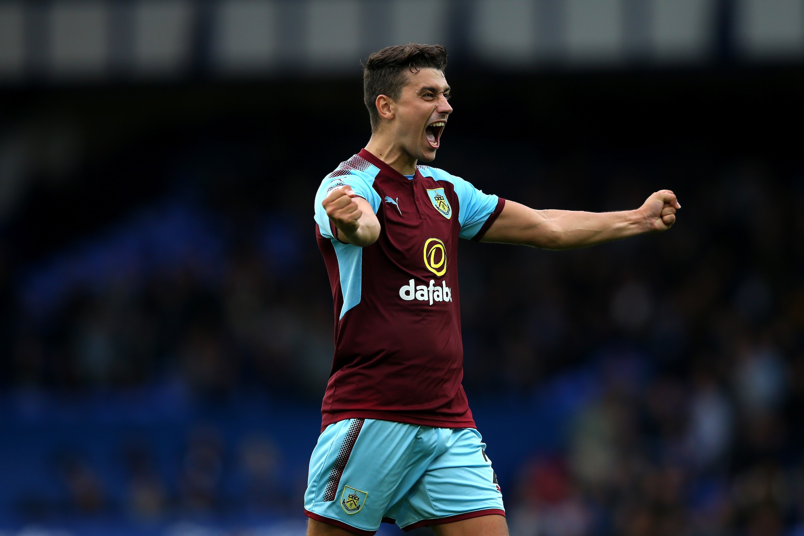 LIVERPOOL, ENGLAND - OCTOBER 01: Matthew Lowton of Burnley celebrates victory after the Premier League match between Everton and Burnley at Goodison Park on October 1, 2017 in Liverpool, England.  (Photo by Alex Livesey/Getty Images)