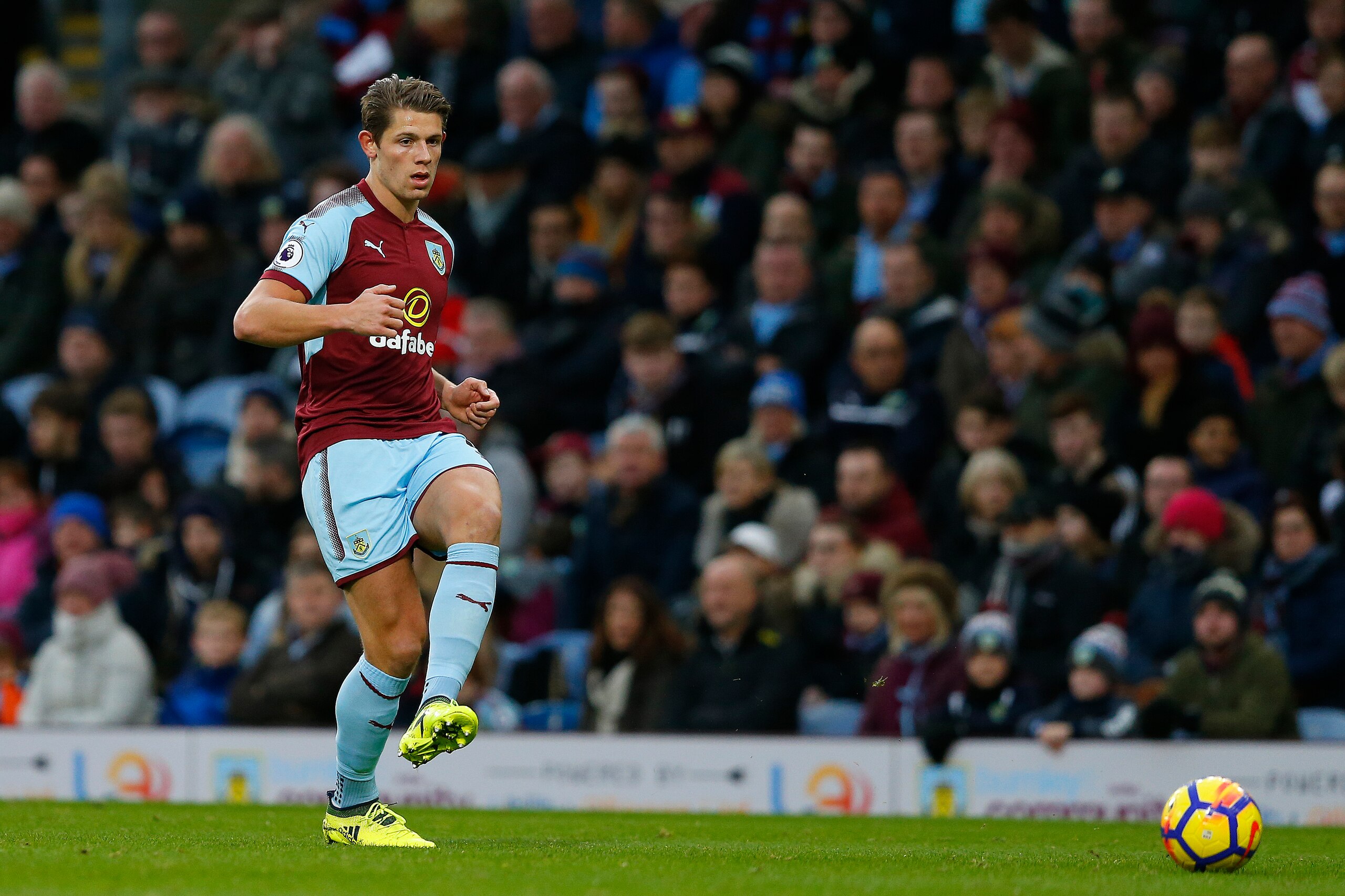BURNLEY, ENGLAND - NOVEMBER 18: James Tarkowski of Burnley during the Premier League match between Burnley and Swansea City at Turf Moor on November 18, 2017 in Burnley, England. (Photo by Athena Pictures/Getty Images)