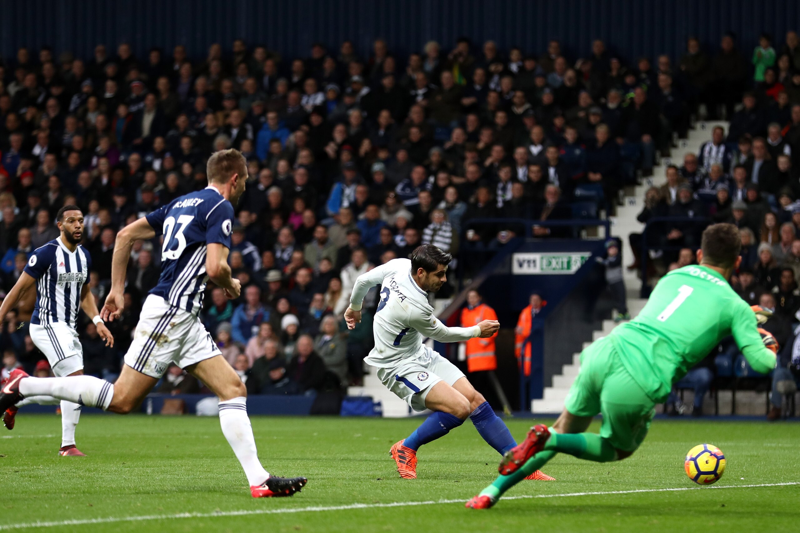 WEST BROMWICH, ENGLAND - NOVEMBER 18:  Alvaro Morata of Chelsea scores the opening goal during the Premier League match between West Bromwich Albion and Chelsea at The Hawthorns on November 18, 2017 in West Bromwich, England.  (Photo by Catherine Ivill/Ge