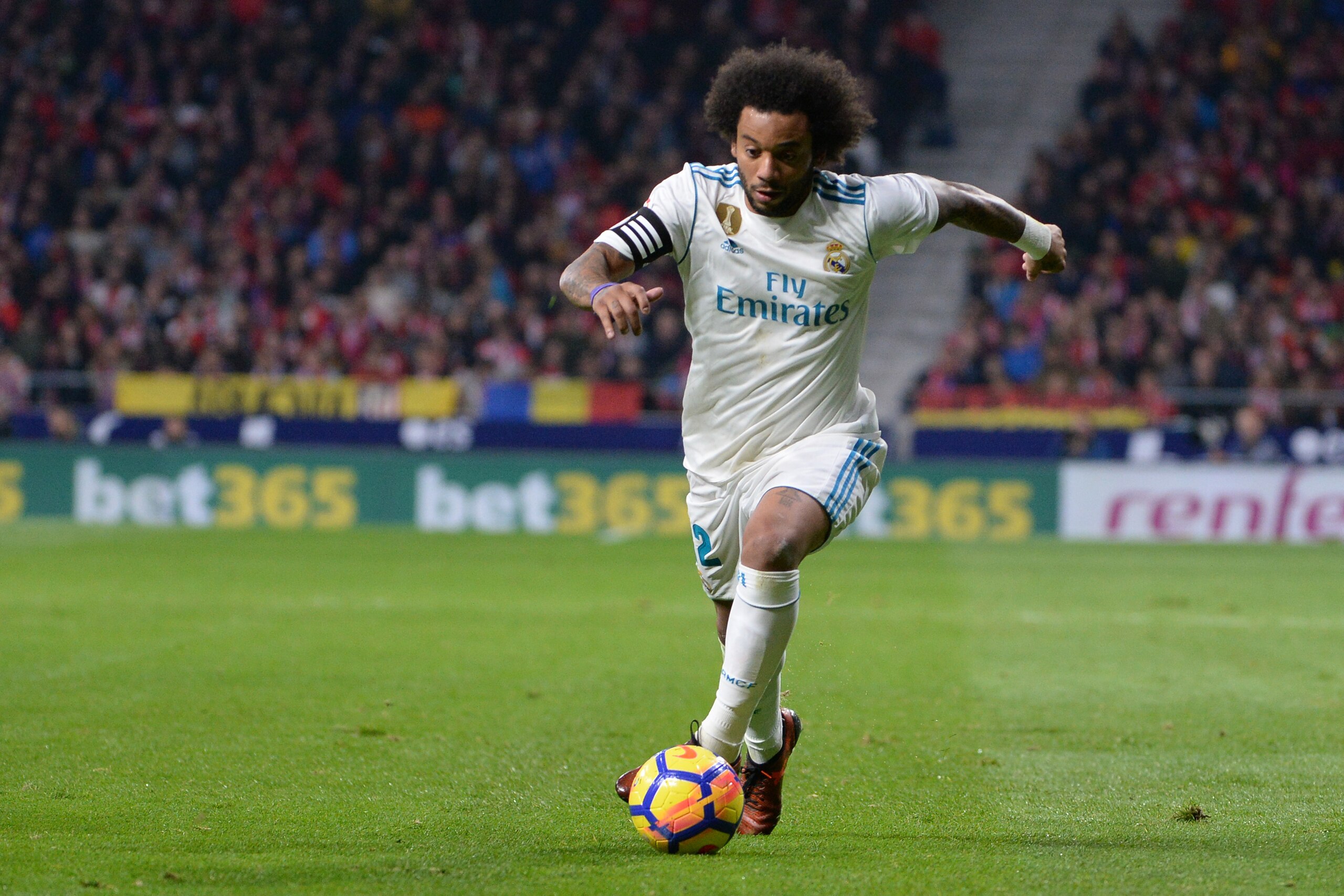 MADRID, SPAIN - NOVEMBER 18:  Marcelo, #12 of Real Madrid  during The La Liga match between Club Atletico Madrid v Real Madrid at Wanda Metropolitano on November 18, 2017 in Madrid, Spain. (Photo by Sonia Canada/Getty Images)