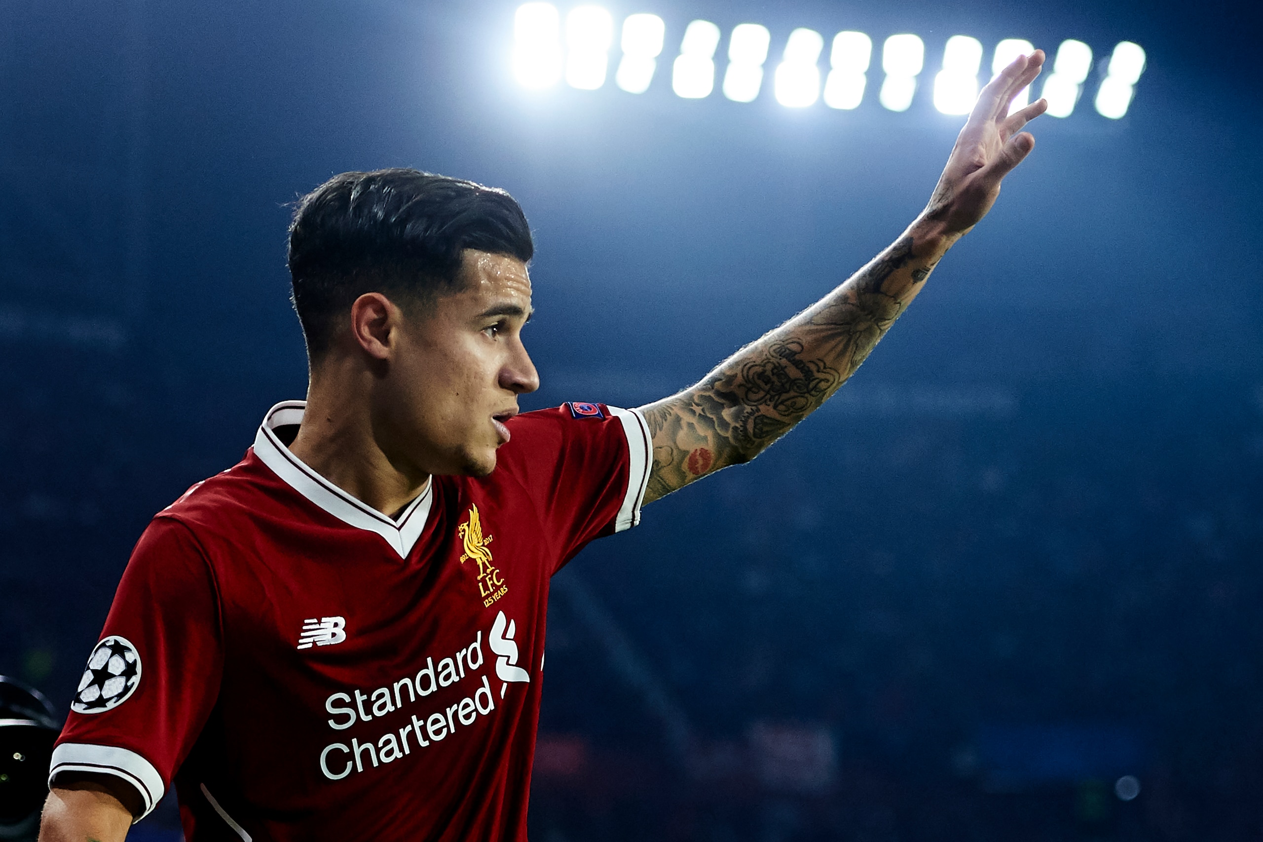 SEVILLE, SPAIN - NOVEMBER 21:  Philippe Coutinho of Liverpool FC reacts during the UEFA Champions League group E match between Sevilla FC and Liverpool FC at Estadio Ramon Sanchez Pizjuan on November 21, 2017 in Seville, Spain.  (Photo by Aitor Alcalde/Ge