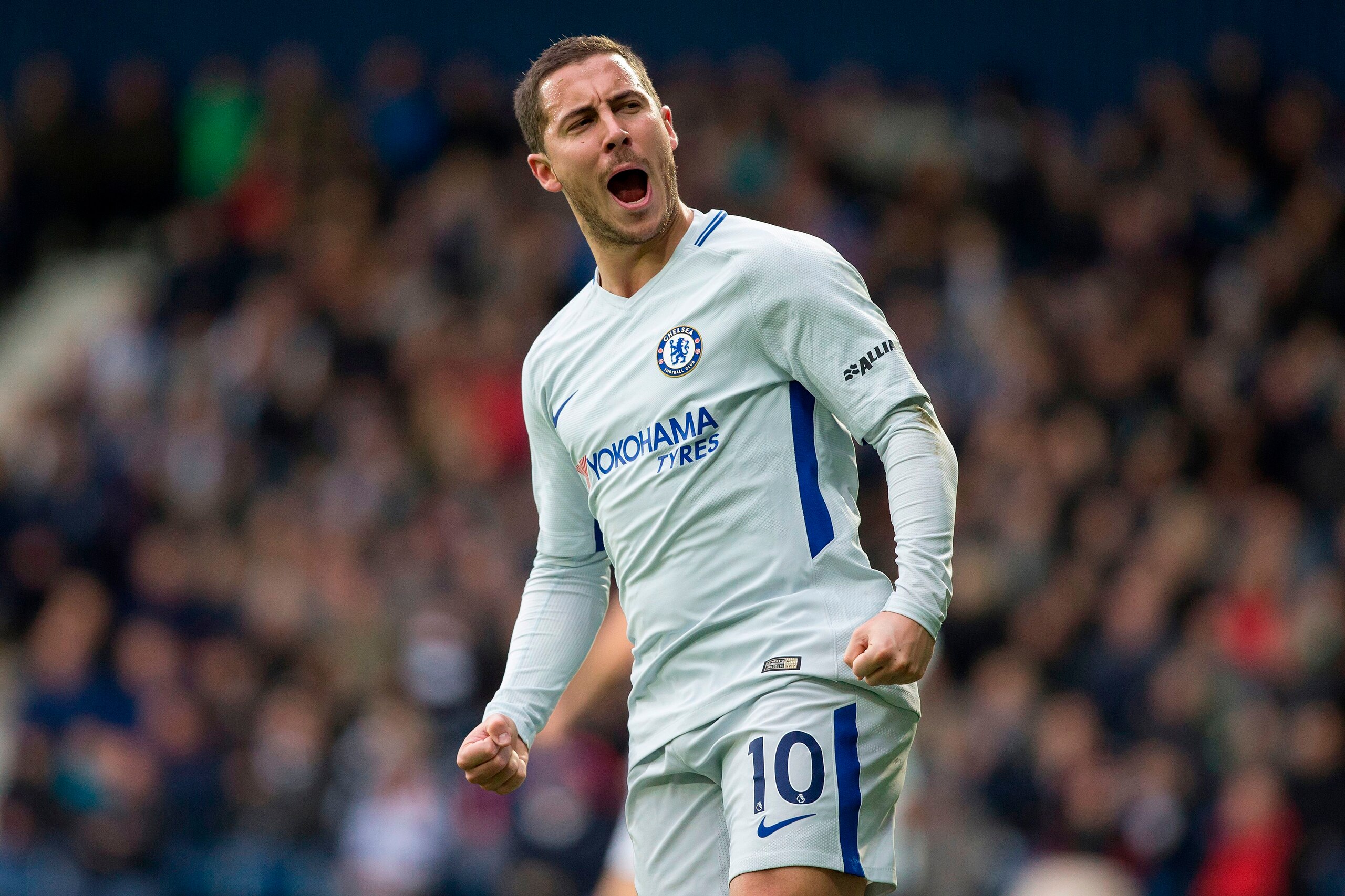 Chelsea's Belgian midfielder Eden Hazard celebrates scoring his team's second goal during the English Premier League football match between West Bromwich Albion and Chelsea at The Hawthorns stadium in West Bromwich, central England, on November 18, 2017.
