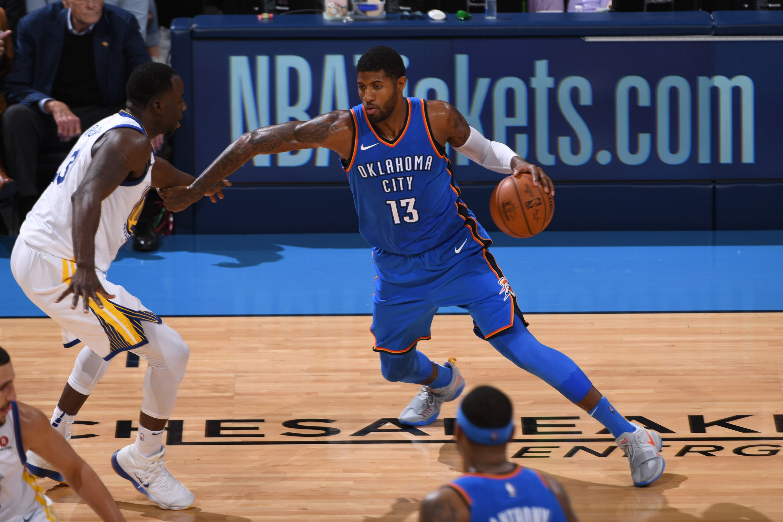 OKLAHOMA CITY, OK - NOVEMBER 22: Paul George #13 of the Oklahoma City Thunder handles the ball against the Golden State Warriors  during the game at the Chesapeake Energy Arena on November 22, 2017 in Oklahoma City, Oklahoma. NOTE TO USER: User expressly 
