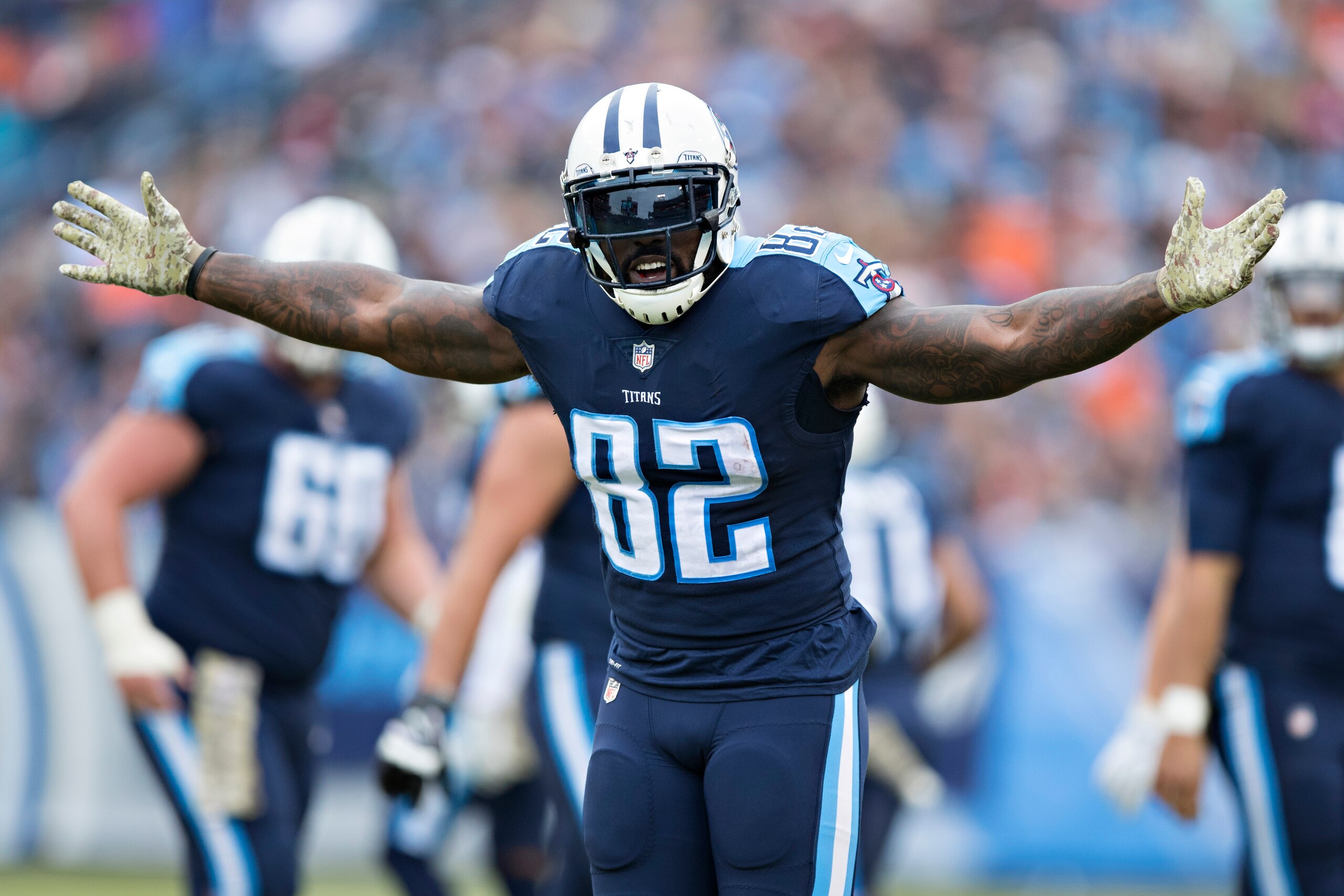 NASHVILLE, TN - NOVEMBER 12:  Delanie Walker #82 of the Tennessee Titans signals to the referee during a game against the Cincinnati Bengals at Nissan Stadium on November 12, 2017 in Nashville, Tennessee.  The Titans defeated the Bengals 24-20.  (Photo by