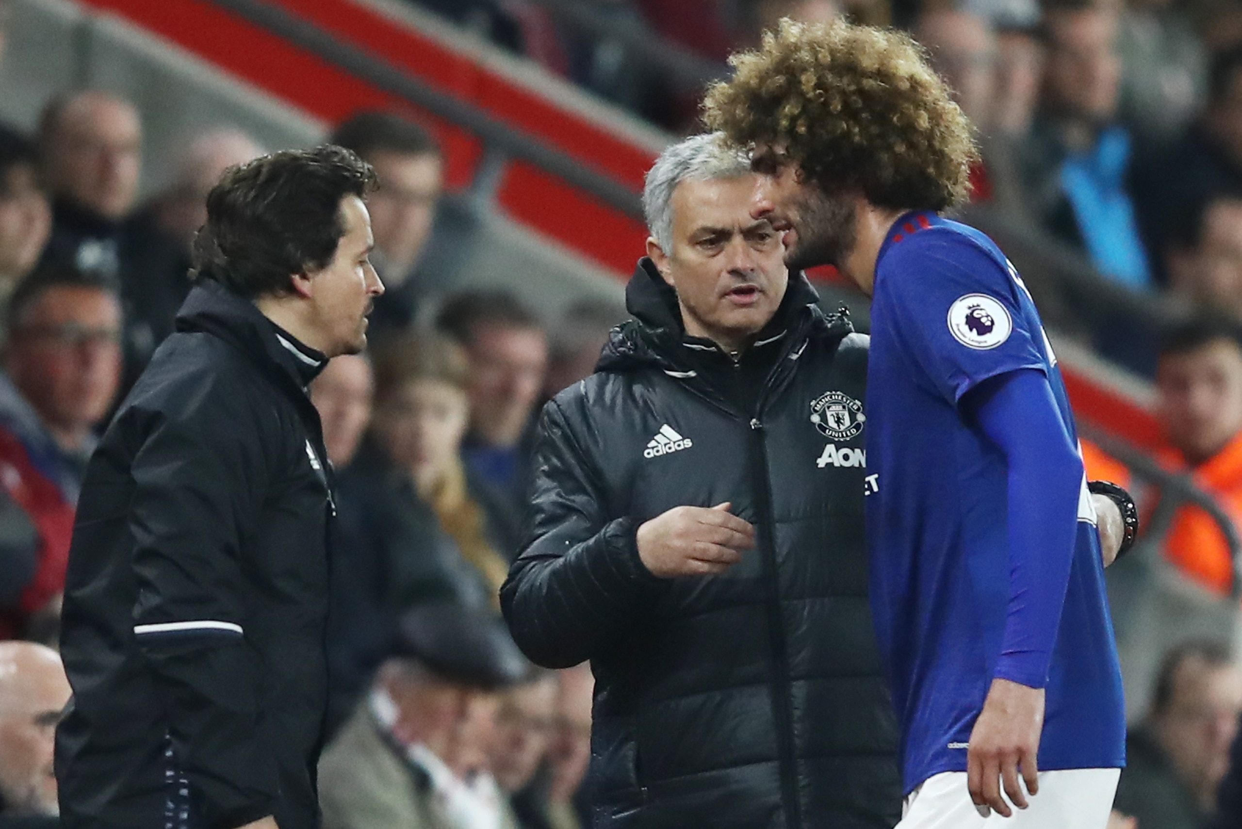 SOUTHAMPTON, ENGLAND - MAY 17: Jose Mourinho, Manager of Manchester United shakes hands with Marouane Fellaini of Manchester United during the Premier League match between Southampton and Manchester United at St Mary's Stadium on May 17, 2017 in Southampt