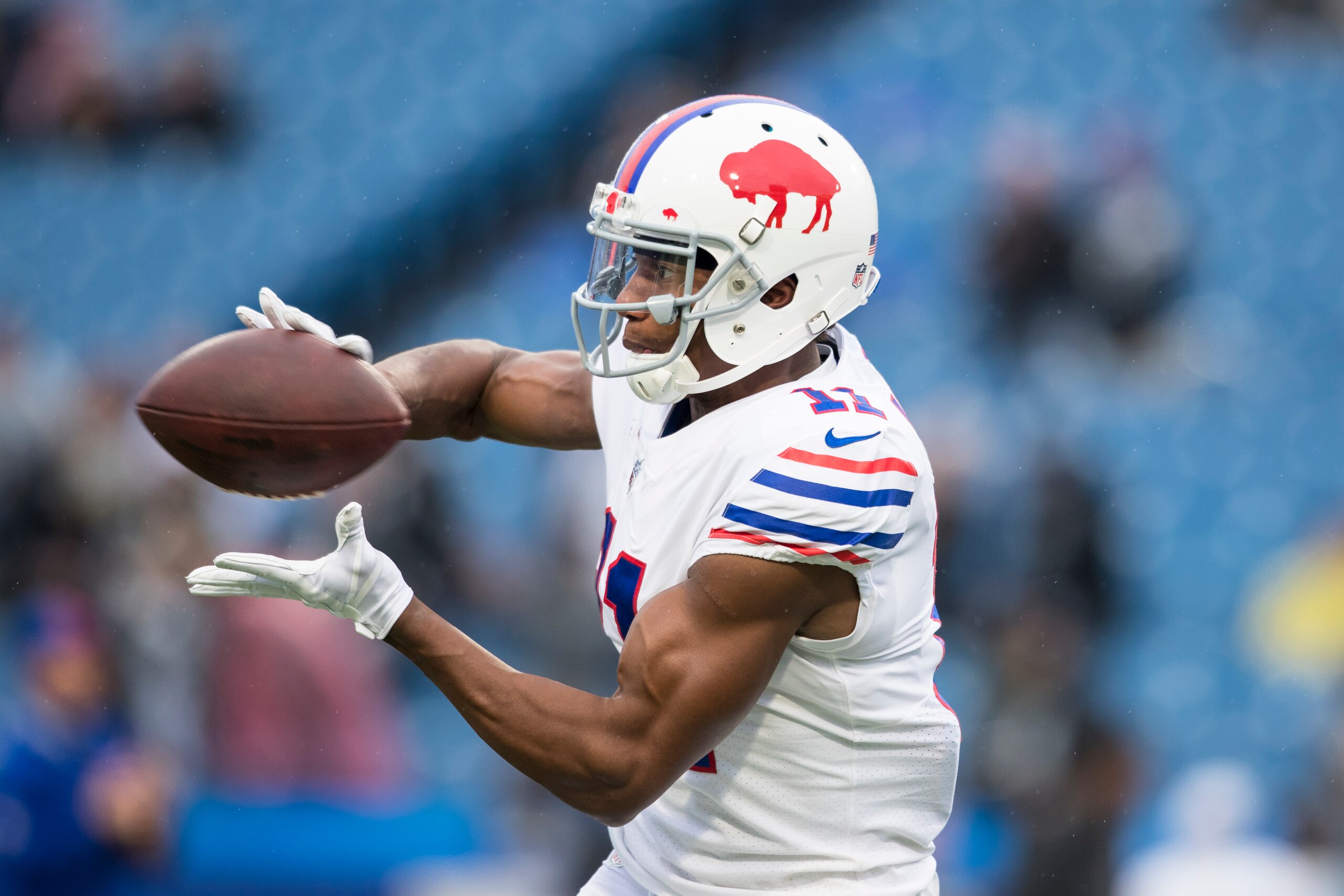 ORCHARD PARK, NY - OCTOBER 29:  Zay Jones #11 of the Buffalo Bills warms up before the game against the Oakland Raiders at New Era Field on October 29, 2017 in Orchard Park, New York. Buffalo defeats Oakland 34-14. (Photo by Brett Carlsen/Getty Images)