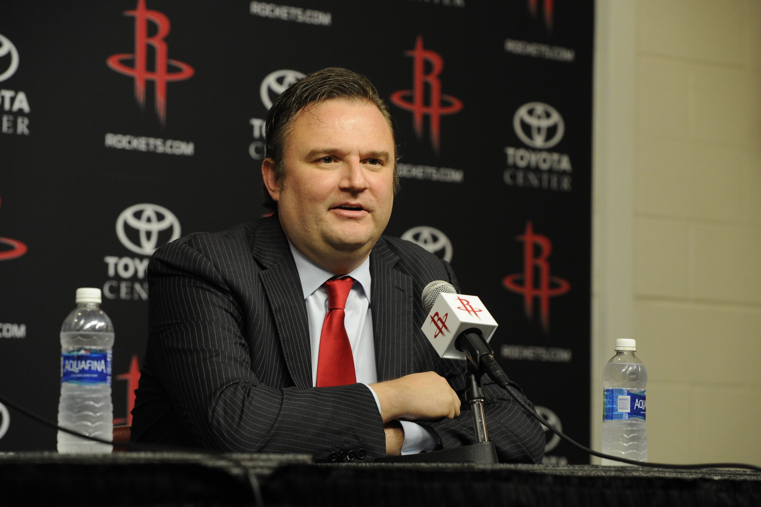 HOUSTON, TX - June 1:  Houston Rockets GM Daryl Morey is interviewed as the Rockets announce D'Antoni as their new head coach on June 1, 2016 at Toyota Center in Houston, Texas. NOTE TO USER: User expressly acknowledges and agrees that, by downloading and
