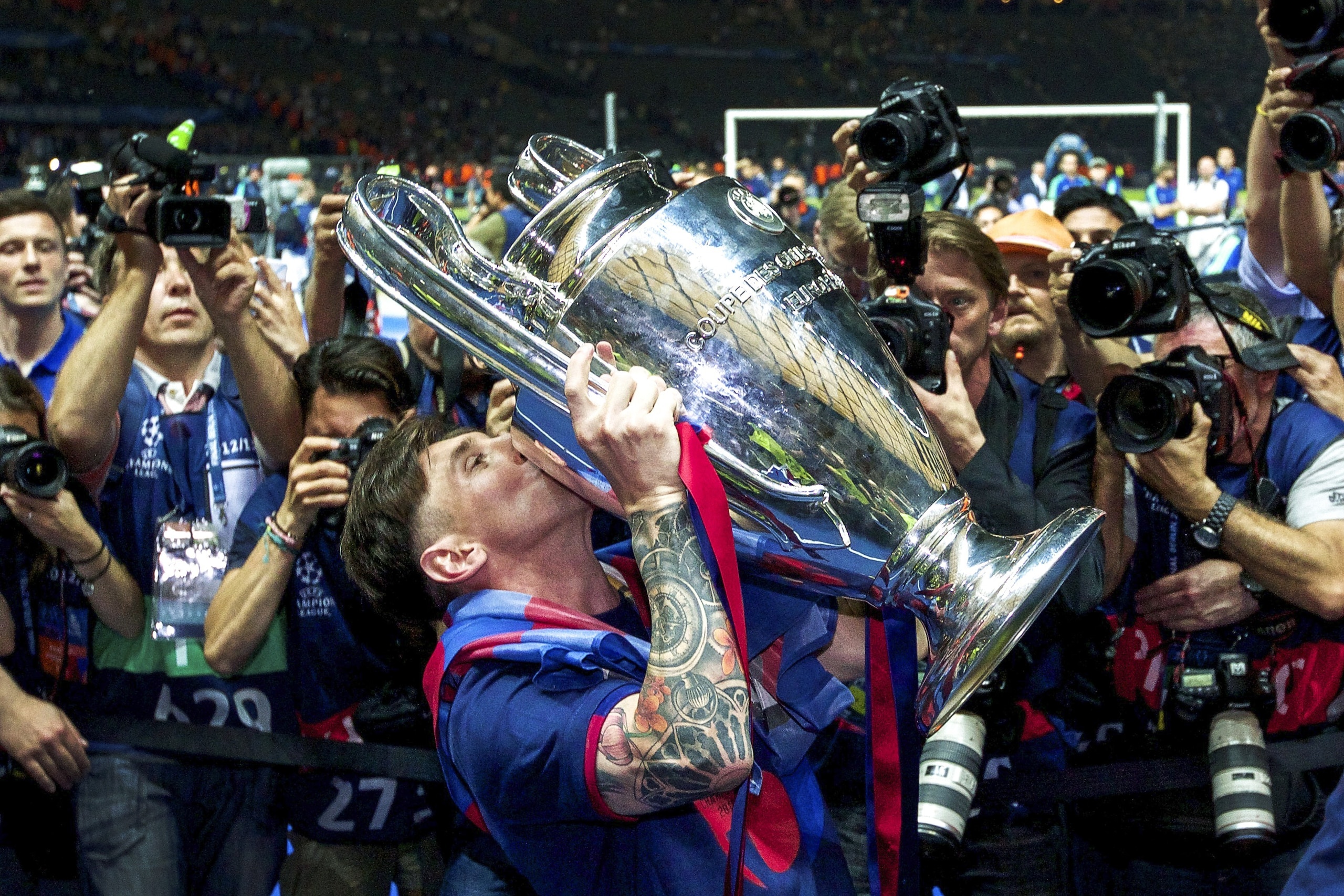 Lionel Messi of FC Barcelona with Champions League trophy during the UEFA Champions League  final match between Barcelona and Juventus on June 6, 2015 at the Olympic stadium in Berlin, Germany.(Photo by VI Images via Getty Images)