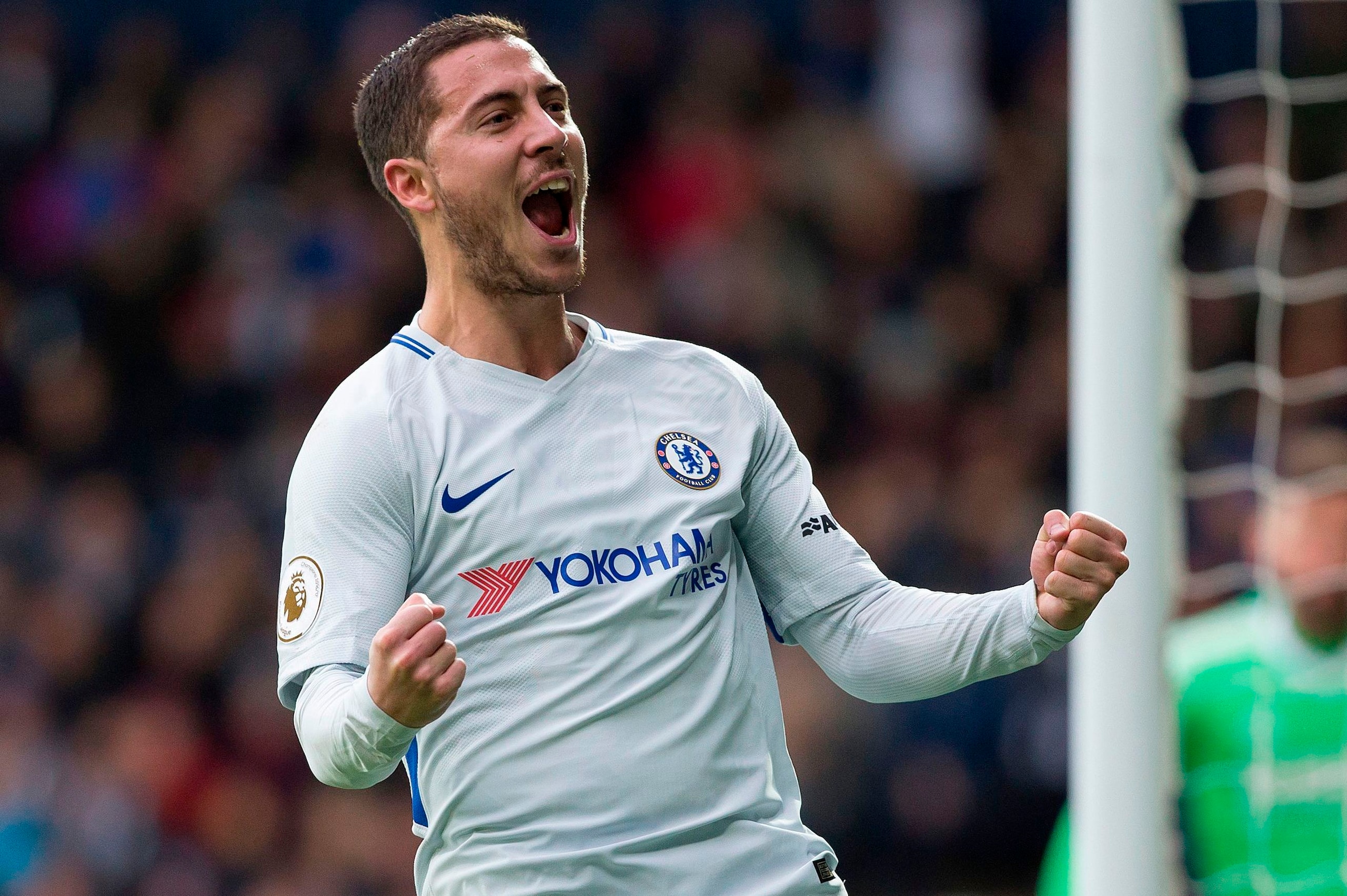 Chelsea's Belgian midfielder Eden Hazard celebrates scoring his team's second goal during the English Premier League football match between West Bromwich Albion and Chelsea at The Hawthorns stadium in West Bromwich, central England, on November 18, 2017.
