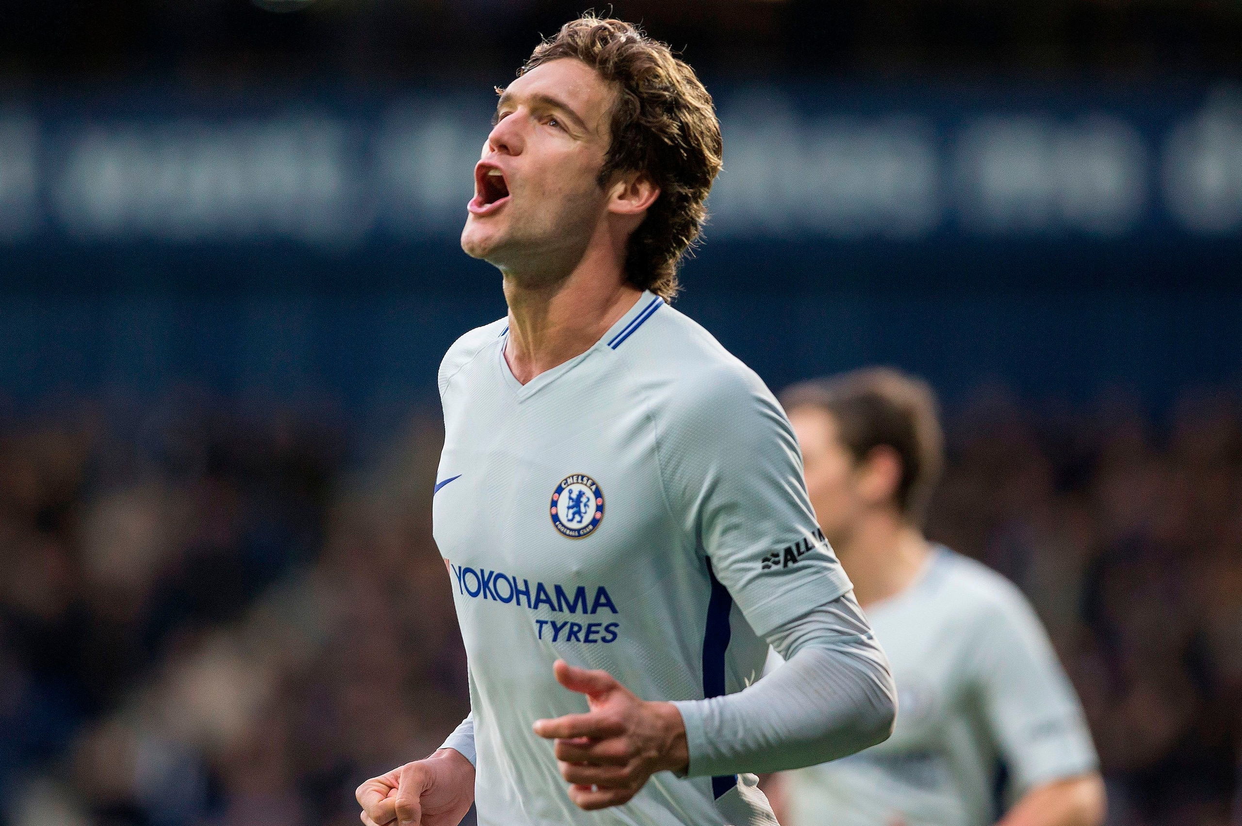 Chelsea's Spanish defender Marcos Alonso celebrates scoring his team's third goal during the English Premier League football match between West Bromwich Albion and Chelsea at The Hawthorns stadium in West Bromwich, central England, on November 18, 2017.
 
