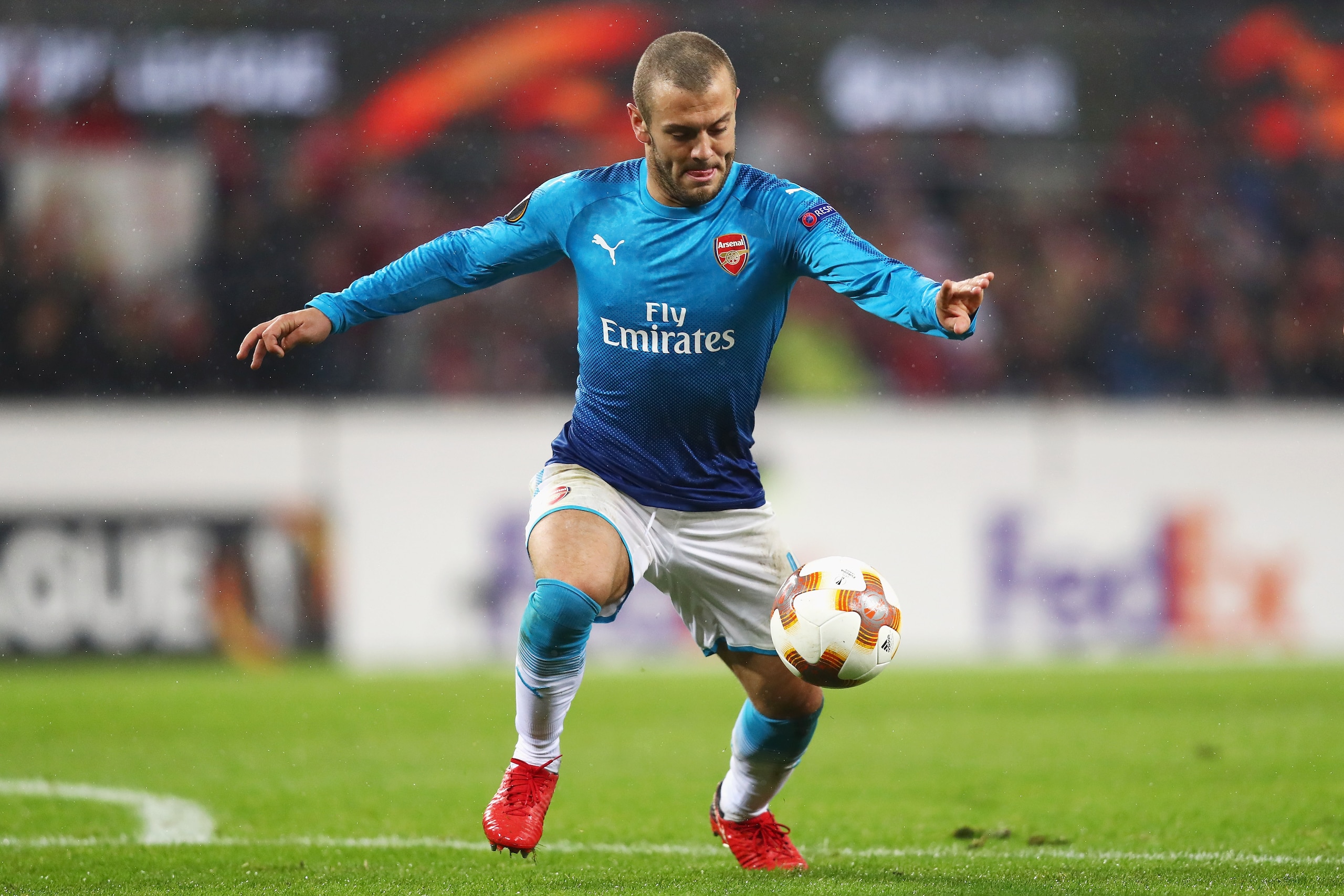 COLOGNE, GERMANY - NOVEMBER 23:  Jack Wilshere of Arsenal in action during the UEFA Europa League group H match between 1. FC Koeln and Arsenal FC at RheinEnergieStadion on November 23, 2017 in Cologne, Germany.  (Photo by Dean Mouhtaropoulos/Getty Images