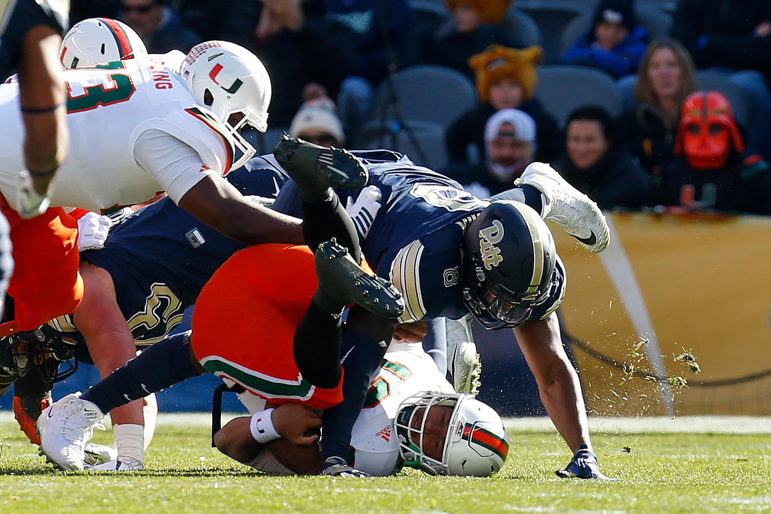 PITTSBURGH, PA - NOVEMBER 24: Dewayne Hendrix #8 of the Pittsburgh Panthers sacks Malik Rosier #12 of the Miami Hurricanes on November 24, 2017 at Heinz Field in Pittsburgh, Pennsylvania. (Photo by Justin K. Aller/Getty Images) PITTSBURGH, PA - NOVEMBER 24: Dewayne Hendrix #8 of the Pittsburgh Panthers sacks Malik Rosier #12 of the Miami Hurricanes on November 24, 2017 at Heinz Field in Pittsburgh, Pennsylvania. (Photo by Justin K. Aller/Getty Images)