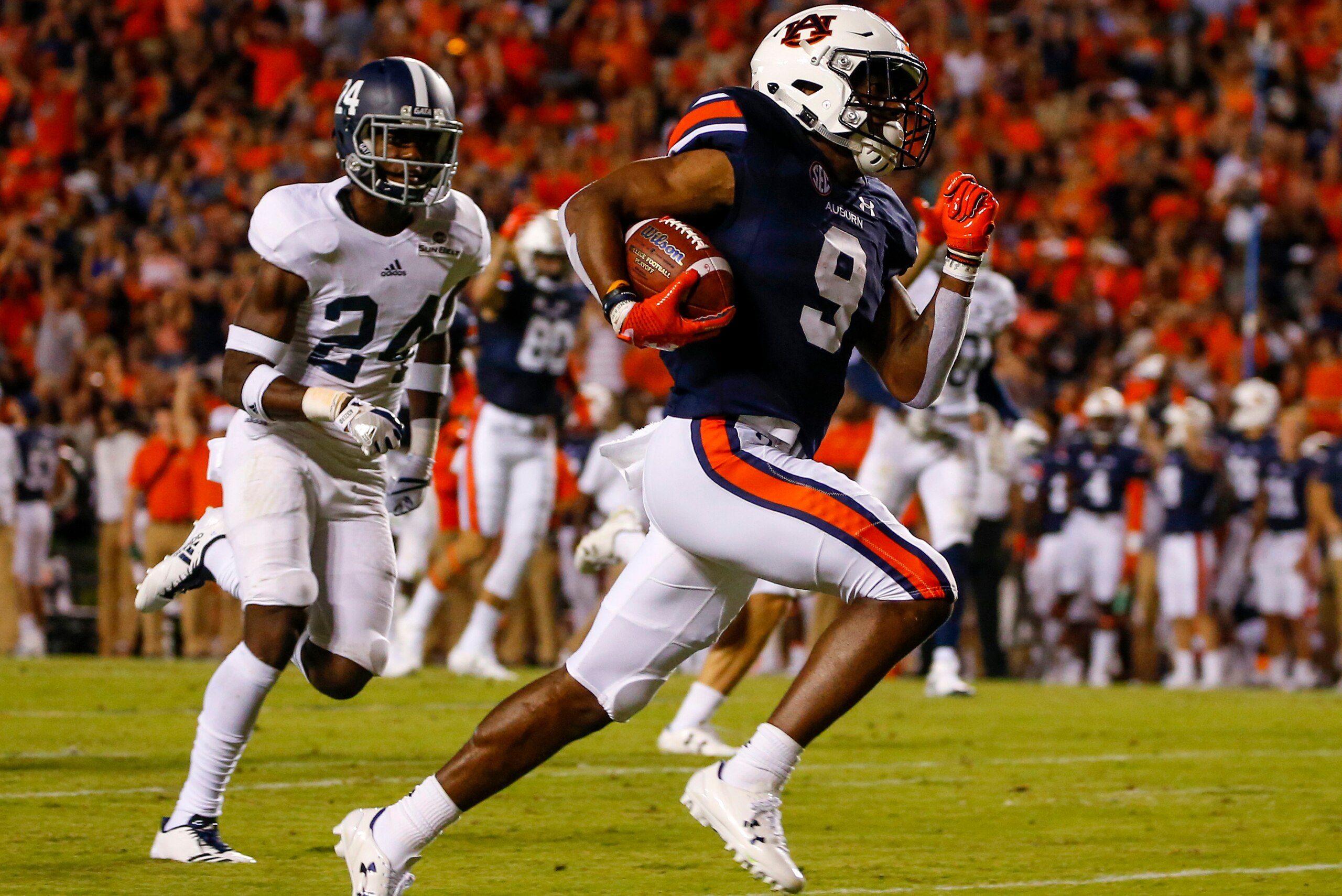 AUBURN, AL - SEPTEMBER 2:  Running back Kam Martin #9 of the Auburn Tigers breaks free for a touchdown against the Georgia Southern Eagles during the second quarter of an NCAA college football game at Jordan Hare Stadium on Saturday, September 2, 2017 in 