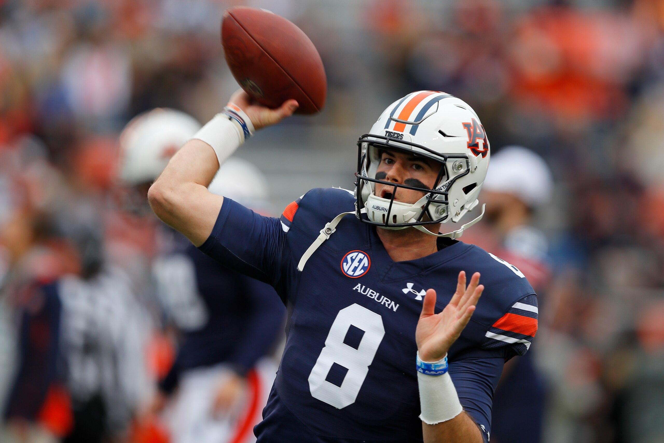 AUBURN, AL - NOVEMBER 25:  Jarrett Stidham #8 of the Auburn Tigers warms up prior to the game against the Alabama Crimson Tide at Jordan Hare Stadium on November 25, 2017 in Auburn, Alabama.  (Photo by Kevin C. Cox/Getty Images)