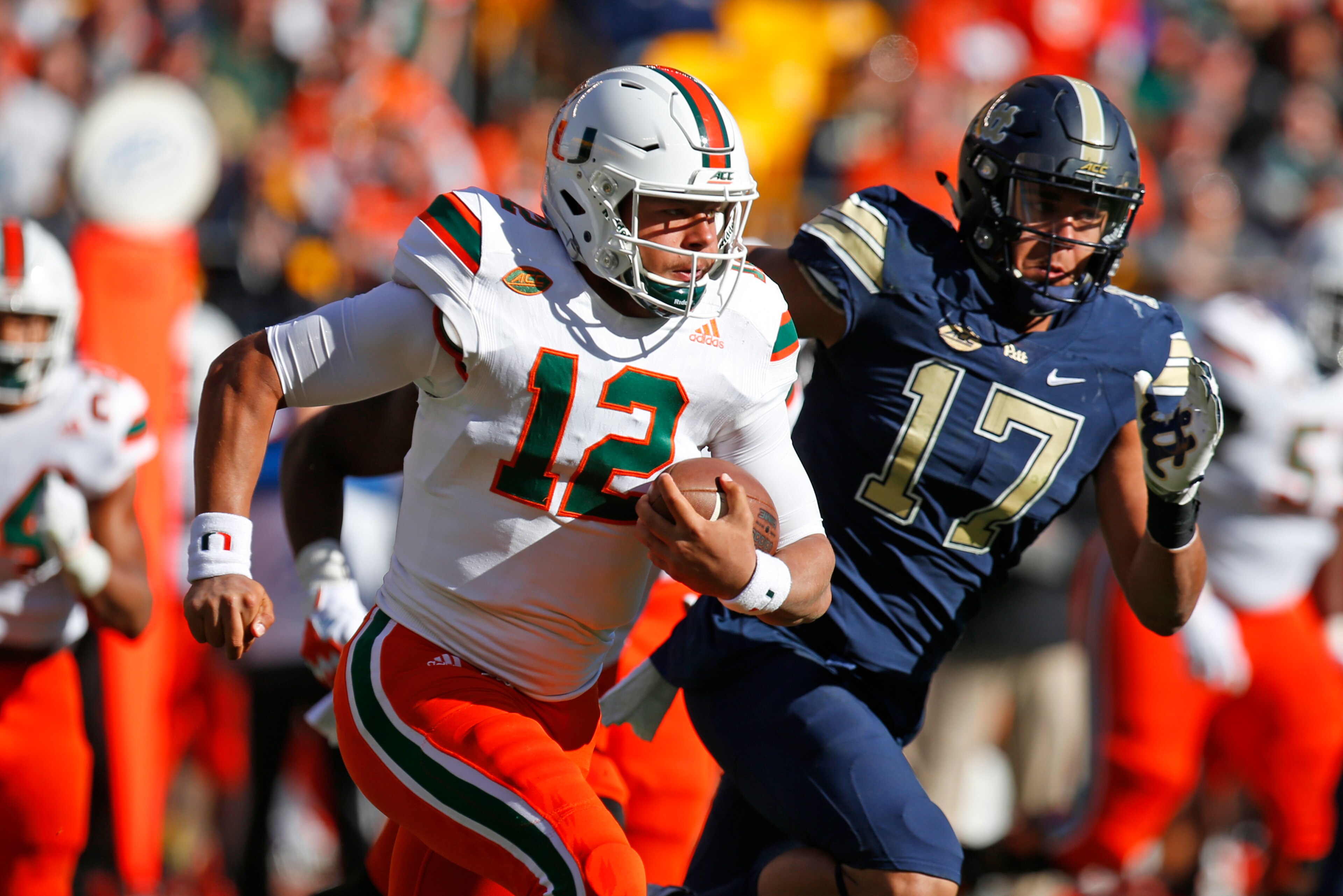 PITTSBURGH, PA - NOVEMBER 24:  Malik Rosier #12 of the Miami Hurricanes in action against the Pittsburgh Panthers on November 24, 2017 at Heinz Field in Pittsburgh, Pennsylvania.  (Photo by Justin K. Aller/Getty Images)