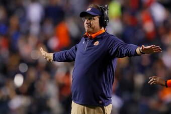AUBURN, AL - NOVEMBER 25:  Head coach Gus Malzahn of the Auburn Tigers  reacts after a touchdown by the Alabama Crimson Tide was overturned after review during the fourth quarter at Jordan Hare Stadium on November 25, 2017 in Auburn, Alabama.  (Photo by K