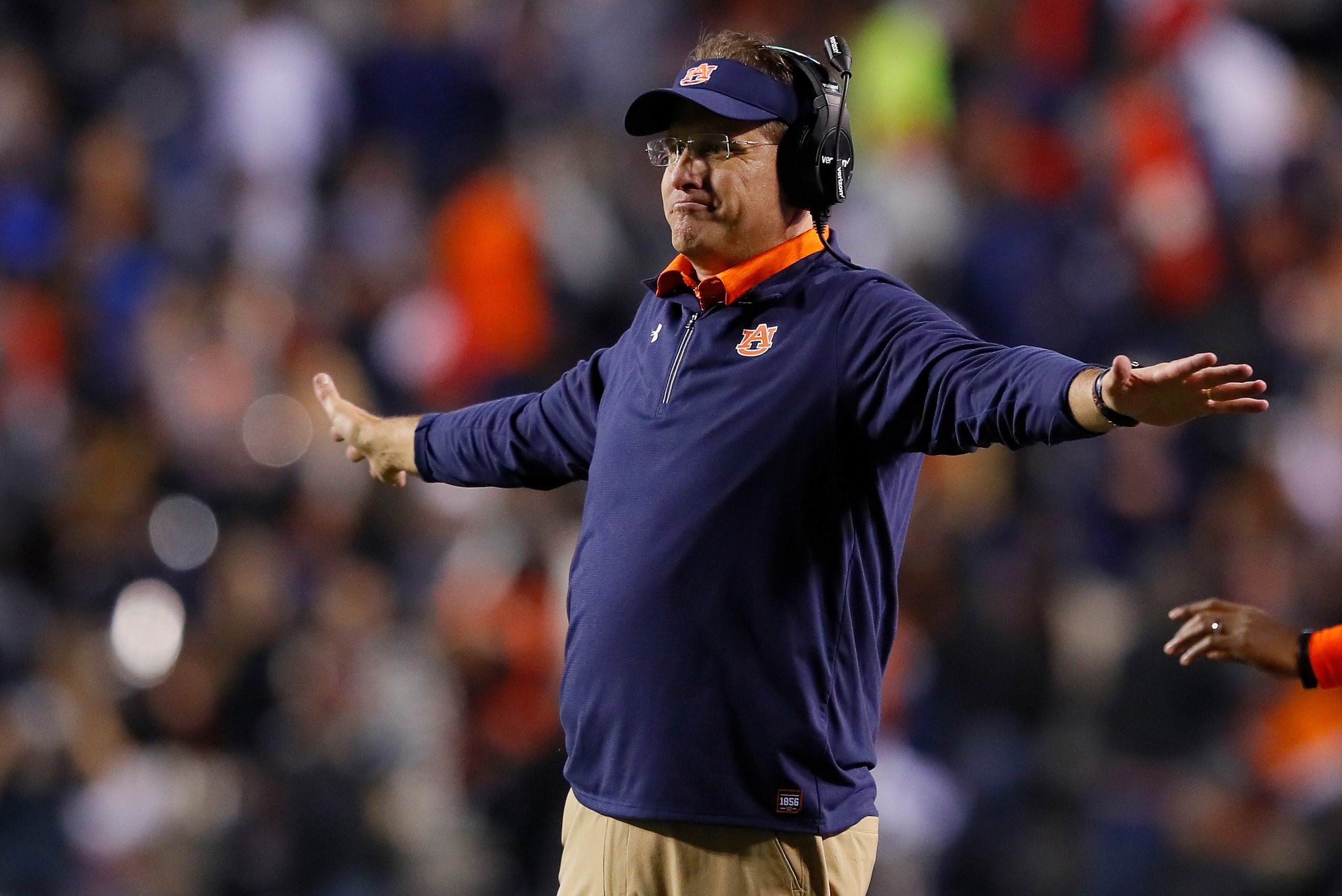 AUBURN, AL - NOVEMBER 25:  Head coach Gus Malzahn of the Auburn Tigers  reacts after a touchdown by the Alabama Crimson Tide was overturned after review during the fourth quarter at Jordan Hare Stadium on November 25, 2017 in Auburn, Alabama.  (Photo by K