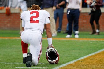 AUBURN, AL - NOVEMBER 25:  Jalen Hurts #2 of the Alabama Crimson Tide is seen on the sidelines prior to the game against the Auburn Tigers at Jordan Hare Stadium on November 25, 2017 in Auburn, Alabama.  (Photo by Kevin C. Cox/Getty Images)