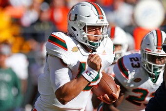 PITTSBURGH, PA - NOVEMBER 24:  Malik Rosier #12 of the Miami Hurricanes in action against the Pittsburgh Panthers on November 24, 2017 at Heinz Field in Pittsburgh, Pennsylvania.  (Photo by Justin K. Aller/Getty Images)