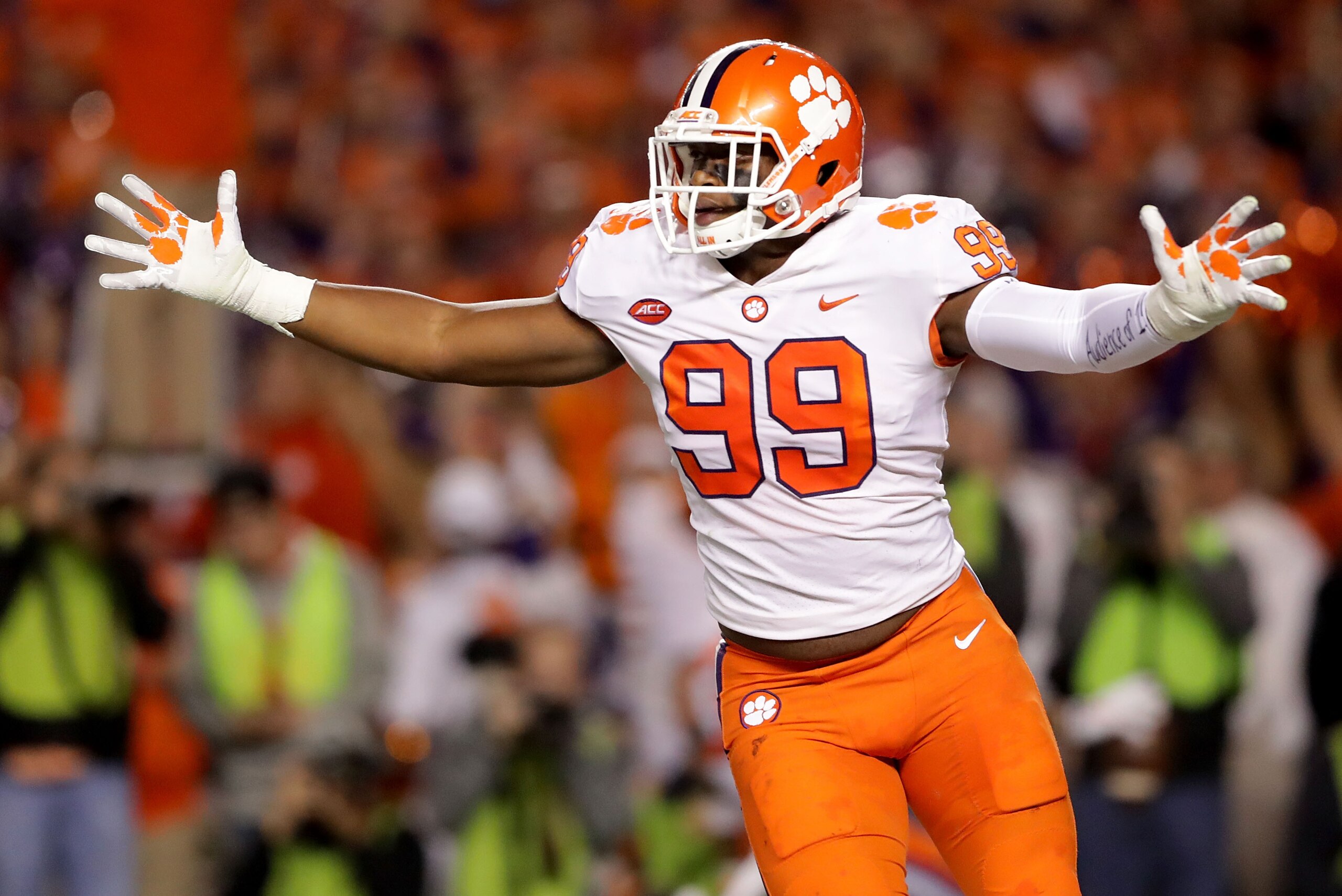 COLUMBIA, SC - NOVEMBER 25:  Clelin Ferrell #99 of the Clemson Tigers reacts after a play against the South Carolina Gamecocks during their game at Williams-Brice Stadium on November 25, 2017 in Columbia, South Carolina.  (Photo by Streeter Lecka/Getty Im