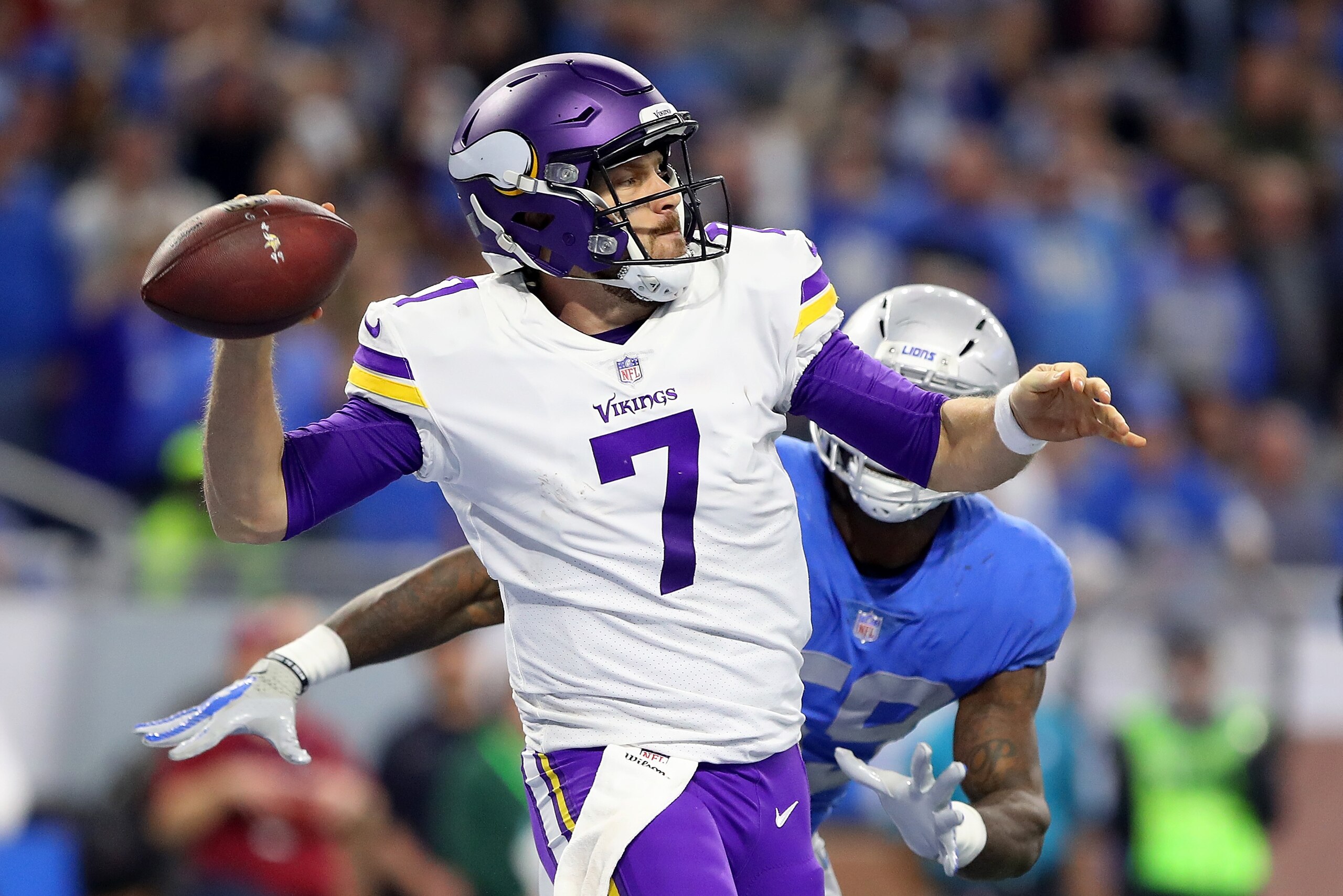 DETROIT, MI - NOVEMBER 23: Quarterback Case Keenum #7 of the Minnesota Vikings looks down field to pass the ball against the Detroit Lions during the second halfat Ford Field on November 23, 2017 in Detroit, Michigan. (Photo by Gregory Shamus/Getty Images