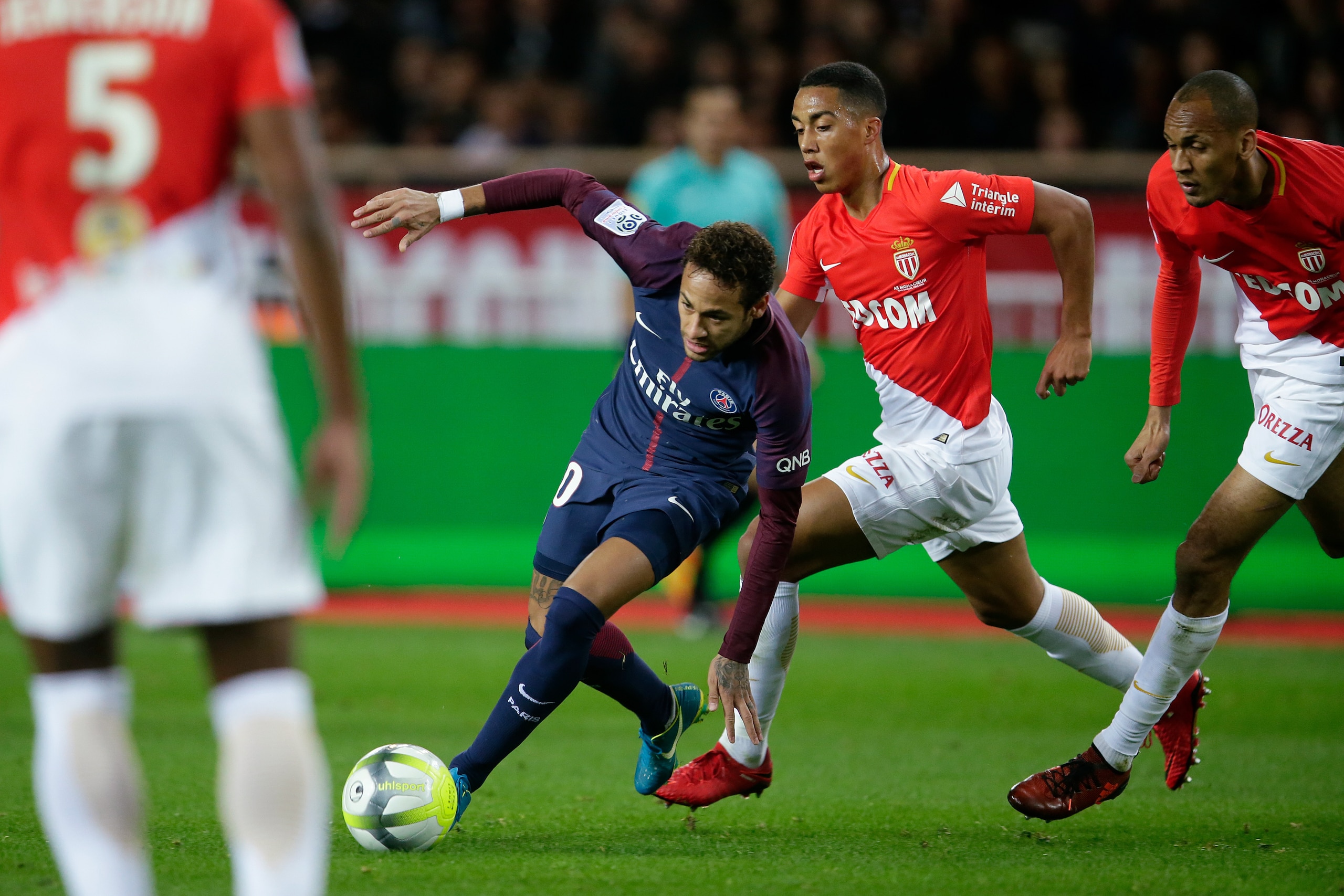 MONACO, MONACO - NOVEMBER 26: (L-R) Neymar Jr of Paris Saint Germain, Youri Tielemans of AS Monaco during the French League 1  match between AS Monaco v Paris Saint Germain at the Stade Louis II on November 26, 2017 in Monaco Monaco (Photo by Eric Verhoev