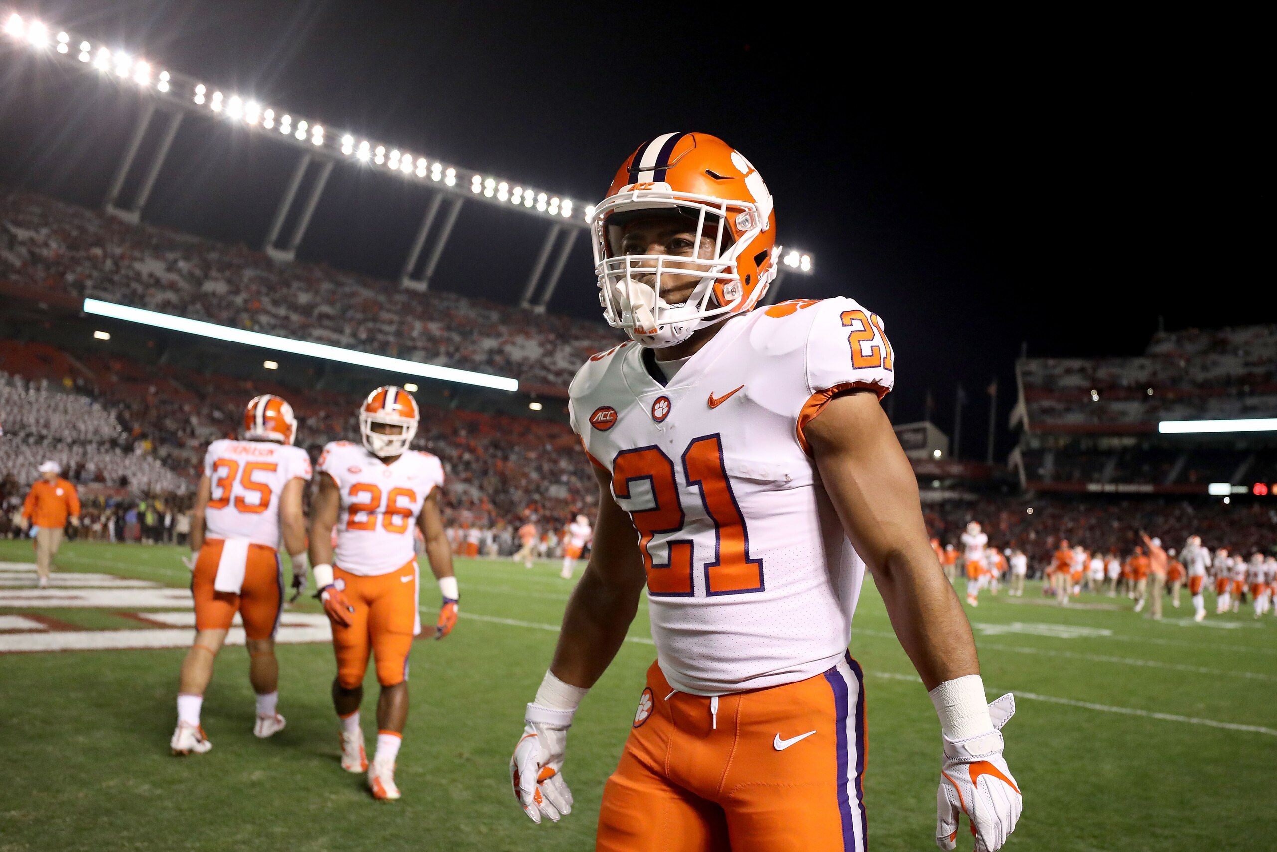 COLUMBIA, SC - NOVEMBER 25:  Ray-Ray McCloud #21 of the Clemson Tigers warms up ahead of their game against the South Carolina Gamecocks at Williams-Brice Stadium on November 25, 2017 in Columbia, South Carolina.  (Photo by Streeter Lecka/Getty Images)