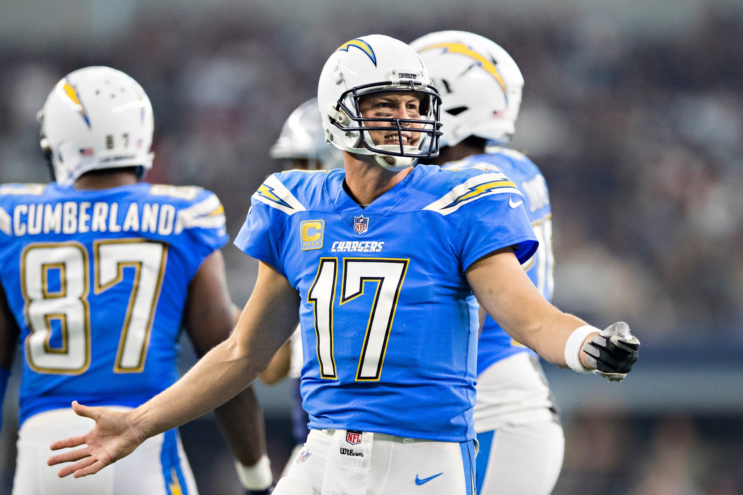 ARLINGTON, TX - NOVEMBER 23:  Philip Rivers #17 of the Los Angeles Chargers questions a referee during a game against the Dallas Cowboys at AT&T Stadium on November 23, 2017 in Arlington, Texas.  The Chargers defeated the Cowboys 28-6.  (Photo by Wesley H