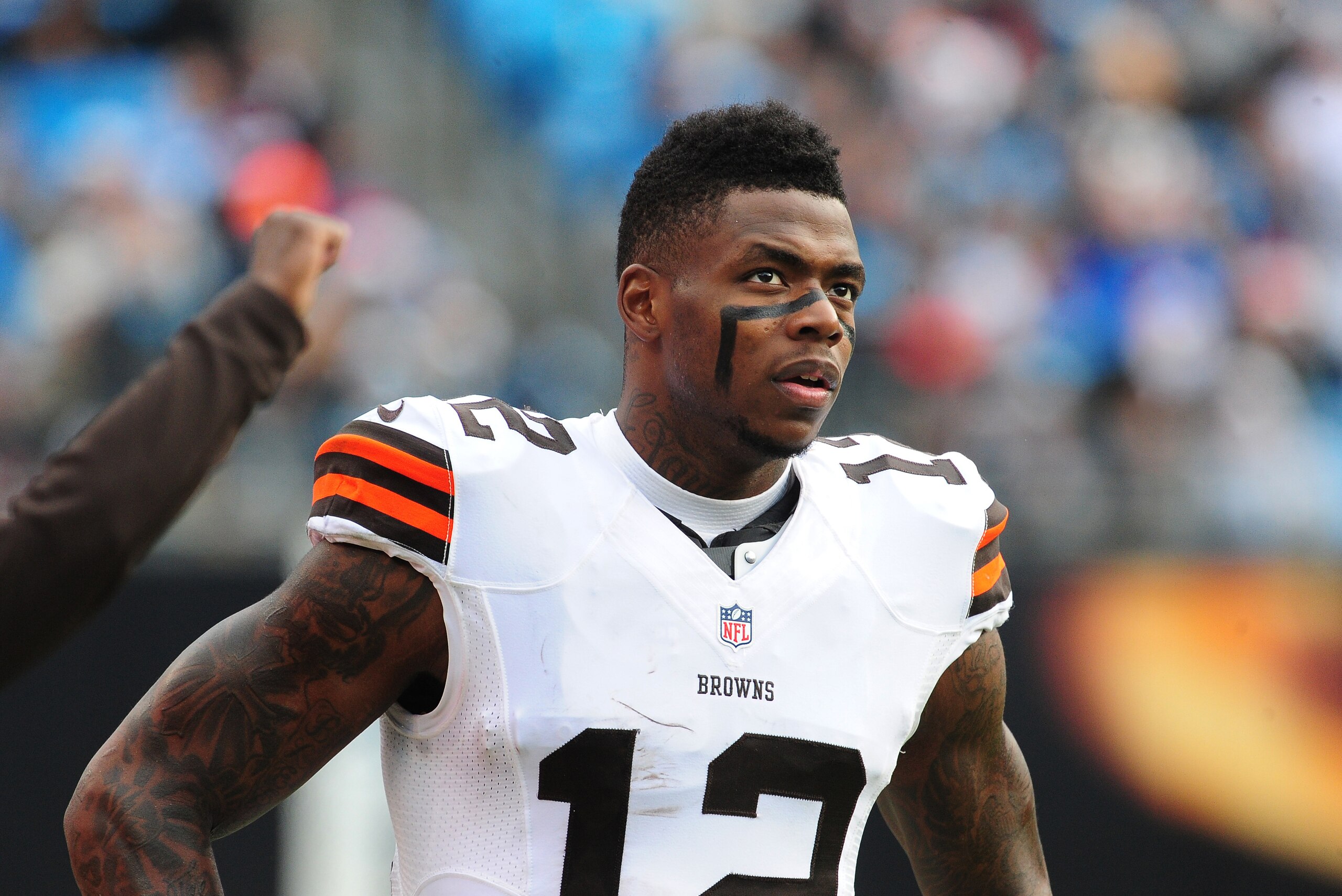 CHARLOTTE, NC - DECEMBER 21: Josh Gordon #12 of the Cleveland Browns watches the action against the Carolina Panthers on December 21, 2014 at Bank of America Stadium in Charlotte, North Carolina.  (Photo by Scott Cunningham/Getty Images)