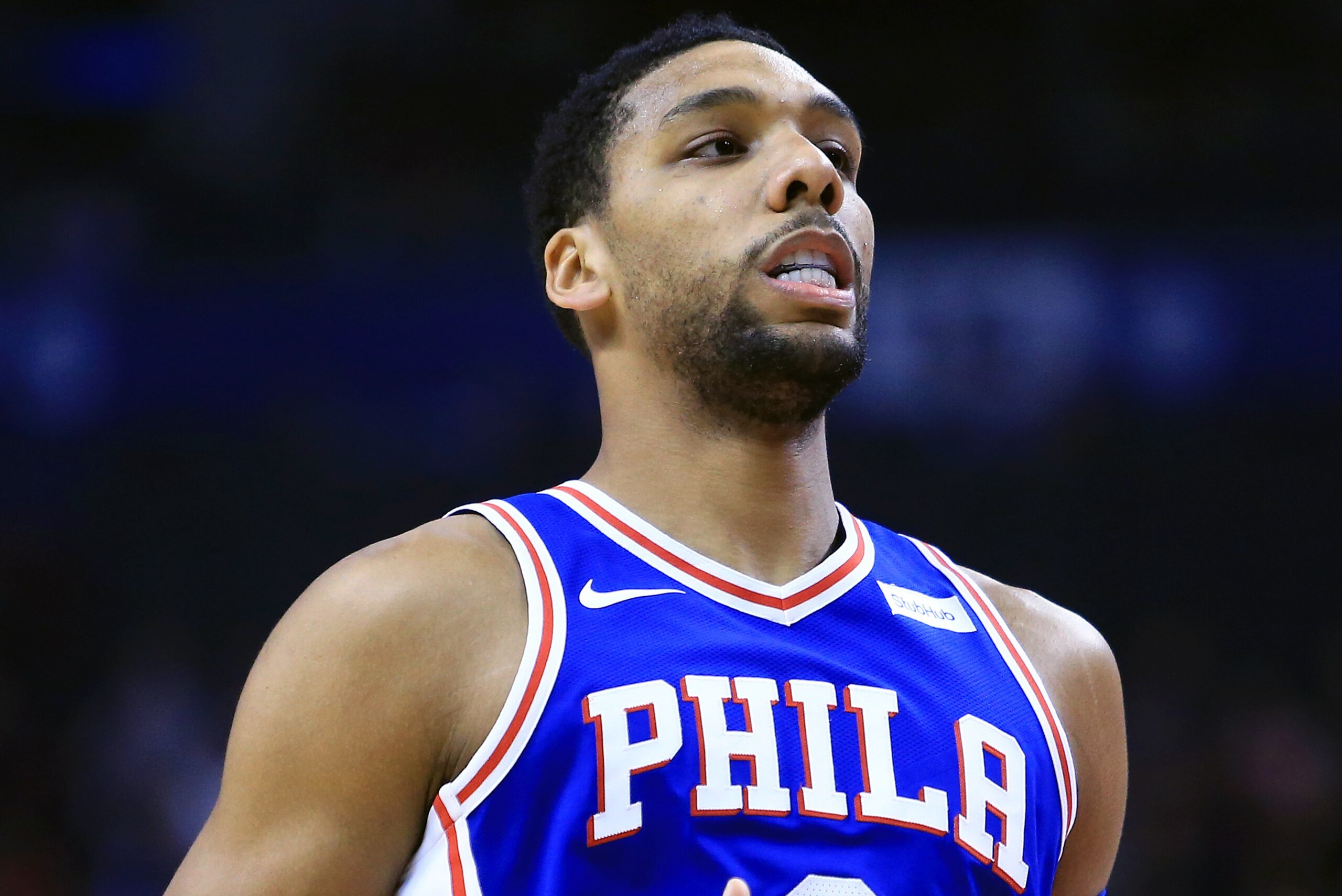 TORONTO, ON - OCTOBER 21:  Jahlil Okafor #8 of the Philadelphia 76ers looks on during the first half of an NBA game against the Toronto Raptors at Air Canada Centre on October 21, 2017 in Toronto, Canada.  NOTE TO USER: User expressly acknowledges and agr