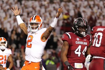 COLUMBIA, SC - NOVEMBER 25:  Kelly Bryant #2 of the Clemson Tigers reacts after his team scores a touchdown against the South Carolina Gamecocks during their game at Williams-Brice Stadium on November 25, 2017 in Columbia, South Carolina.  (Photo by Stree