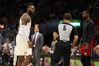 CLEVELAND, OH - NOVEMBER 28:  LeBron James #23 of the Cleveland Cavaliers is ejected in the second half by referee Kane Fitzgerald #5 while playing the Miami Heat  at Quicken Loans Arena on November 28, 2017 in Cleveland, Ohio. Cleveland won the game 108-