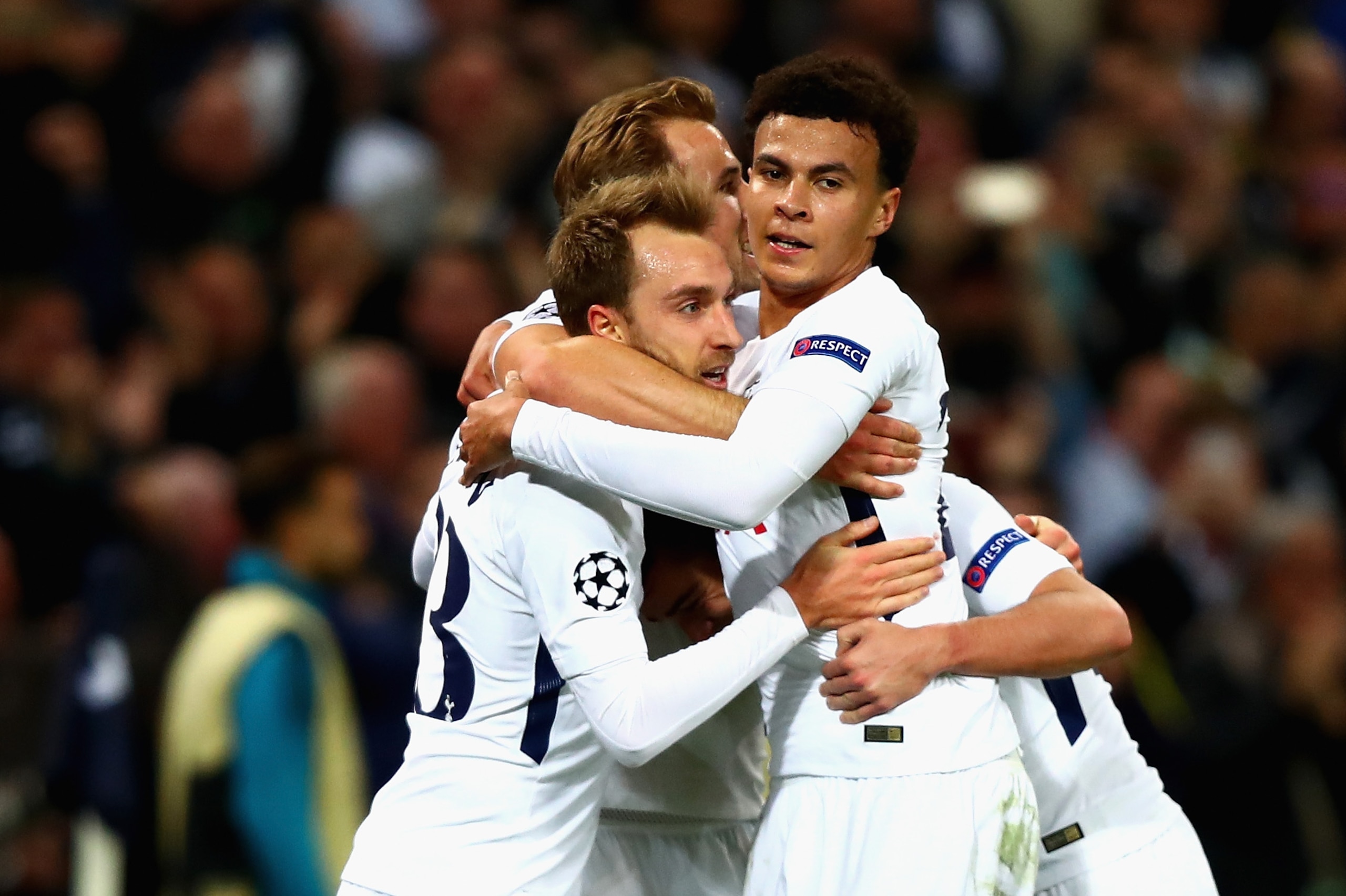 LONDON, ENGLAND - NOVEMBER 01:  Christian Eriksen of Tottenham Hotspur celebrates scoring his side's third goal with team mates during the UEFA Champions League group H match between Tottenham Hotspur and Real Madrid at Wembley Stadium on November 1, 2017
