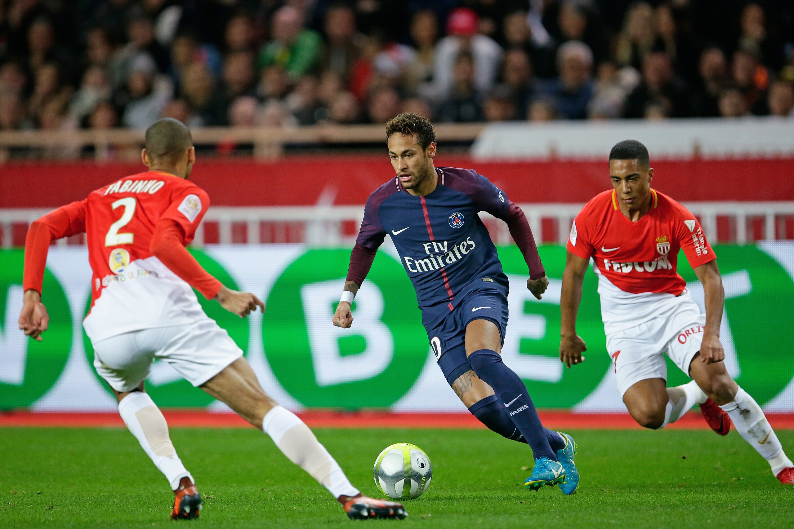 MONACO, MONACO - NOVEMBER 26: (L-R) Fabinho of AS Monaco, Neymar Jr of Paris Saint Germain, Youri Tielemans of AS Monaco  during the French League 1  match between AS Monaco v Paris Saint Germain at the Stade Louis II on November 26, 2017 in Monaco Monaco