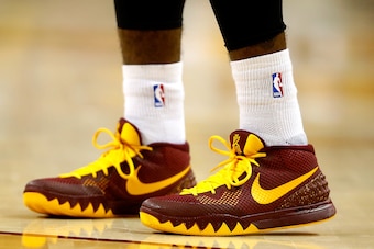 CLEVELAND, OH - MAY 26: A detailed view of Kyrie Irving #2 of the Cleveland Cavaliers' sneakers during Game Four of the Eastern Conference Finals of the 2015 NBA Playoffs against the Atlanta Hawks at Quicken Loans Arena on May 26, 2015 in Cleveland, Ohio.