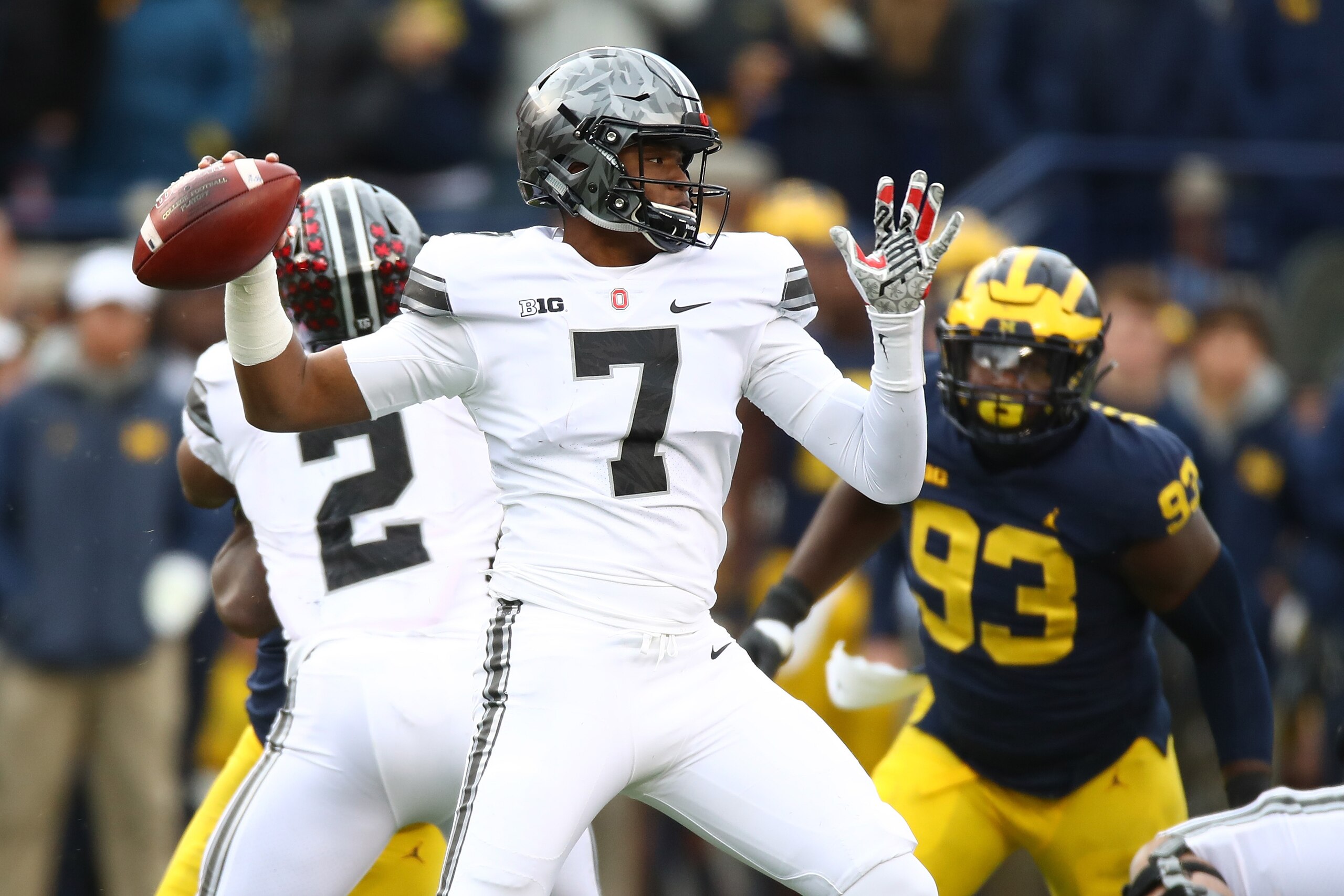 ANN ARBOR, MI - NOVEMBER 25: Dwayne Haskins #7 of the Ohio State Buckeyes looks to throw a pass in the second half against the Michigan Wolverines on November 25, 2017 at Michigan Stadium in Ann Arbor, Michigan. (Photo by Gregory Shamus/Getty Images) ANN ARBOR, MI - NOVEMBER 25: Dwayne Haskins #7 of the Ohio State Buckeyes looks to throw a pass in the second half against the Michigan Wolverines on November 25, 2017 at Michigan Stadium in Ann Arbor, Michigan. (Photo by Gregory Shamus/Getty Images)