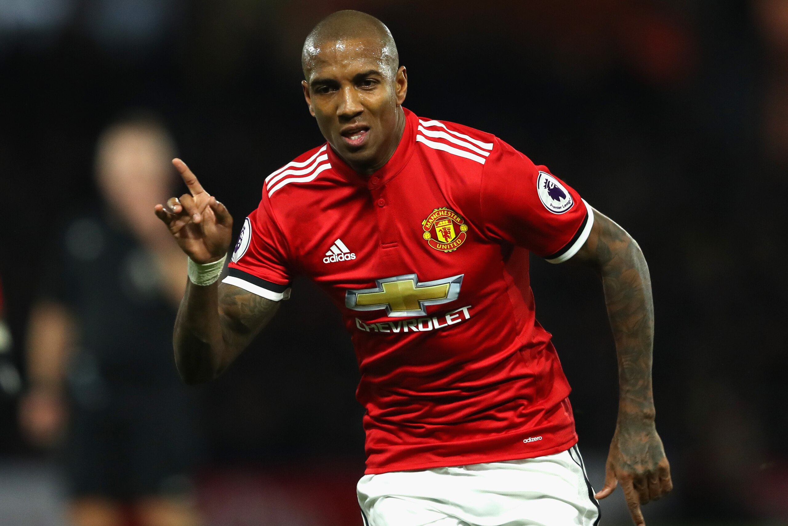 WATFORD, ENGLAND - NOVEMBER 28:  Ashley Young of Manchester United celebrates scoring the 2nd goal during the Premier League match between Watford and Manchester United at Vicarage Road on November 28, 2017 in Watford, England.  (Photo by Richard Heathcot