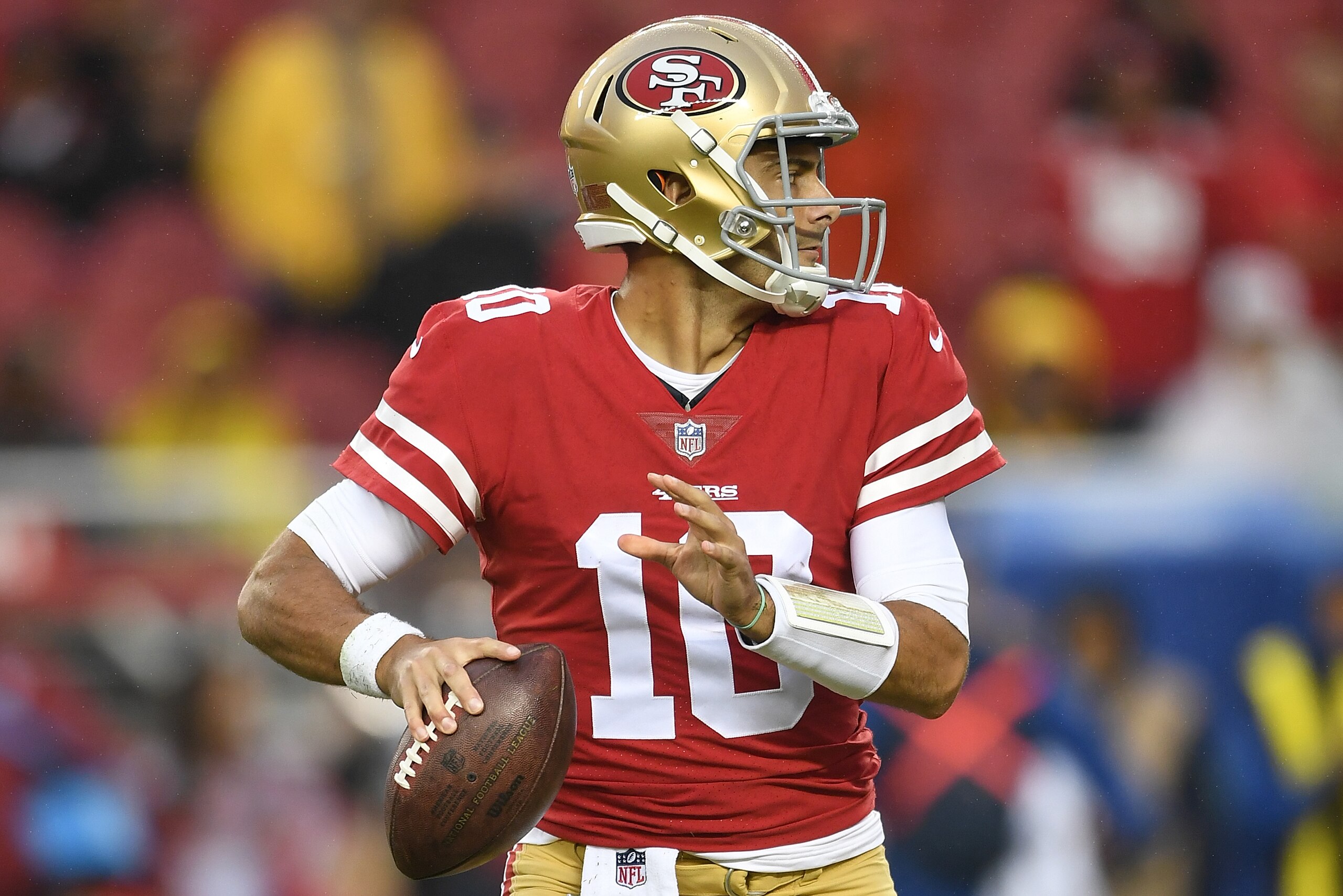SANTA CLARA, CA - NOVEMBER 26:  Jimmy Garoppolo #10 of the San Francisco 49ers drops back to pass against the Seattle Seahawks late in their NFL football game at Levi's Stadium on November 26, 2017 in Santa Clara, California. The Seahawks won the game 24-