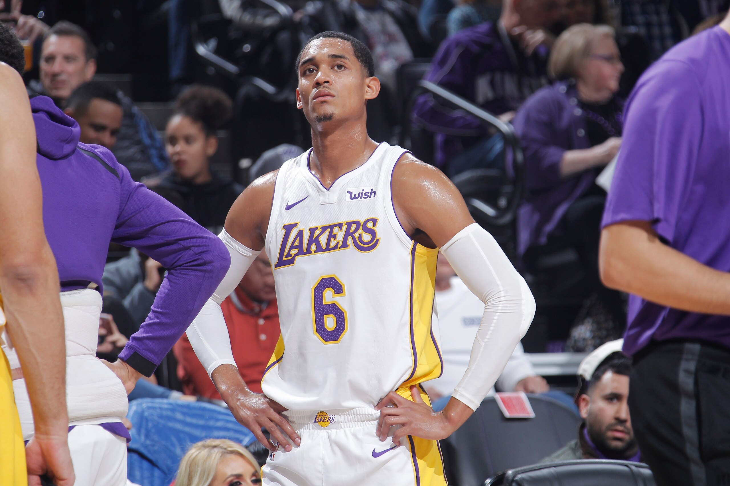SACRAMENTO, CA - NOVEMBER 22: Jordan Clarkson #6 of the Los Angeles Lakers looks on during the game against the Sacramento Kings on November 22, 2017 at Golden 1 Center in Sacramento, California. NOTE TO USER: User expressly acknowledges and agrees that, SACRAMENTO, CA - NOVEMBER 22: Jordan Clarkson #6 of the Los Angeles Lakers looks on during the game against the Sacramento Kings on November 22, 2017 at Golden 1 Center in Sacramento, California. NOTE TO USER: User expressly acknowledges and agrees that,
