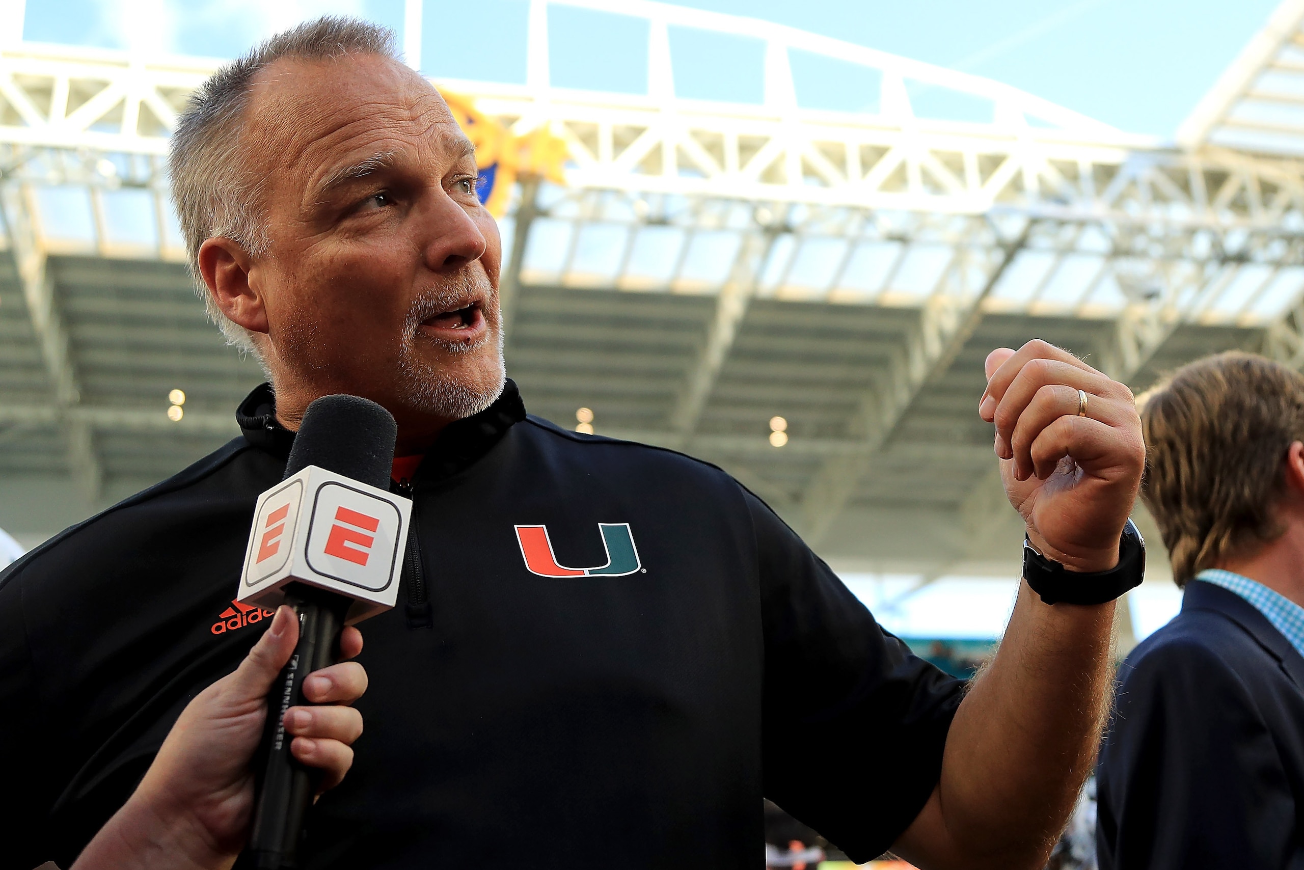 MIAMI GARDENS, FL - NOVEMBER 18:  Head coach Mark Richt of the Miami Hurricanes gives an interview after winning a game against the Virginia Cavaliers at Hard Rock Stadium on November 18, 2017 in Miami Gardens, Florida.  (Photo by Mike Ehrmann/Getty Image