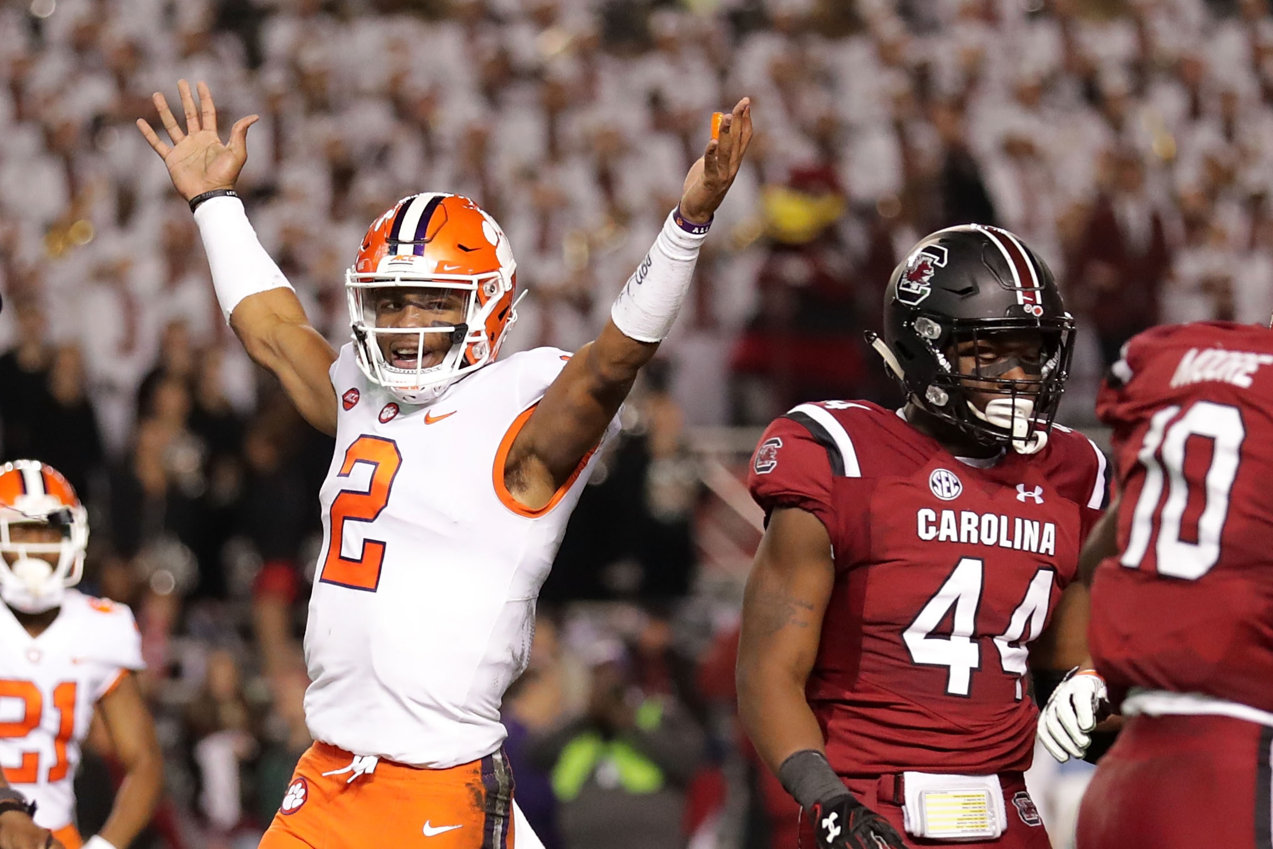 COLUMBIA, SC - NOVEMBER 25:  Kelly Bryant #2 of the Clemson Tigers reacts after his team scores a touchdown against the South Carolina Gamecocks during their game at Williams-Brice Stadium on November 25, 2017 in Columbia, South Carolina.  (Photo by Stree