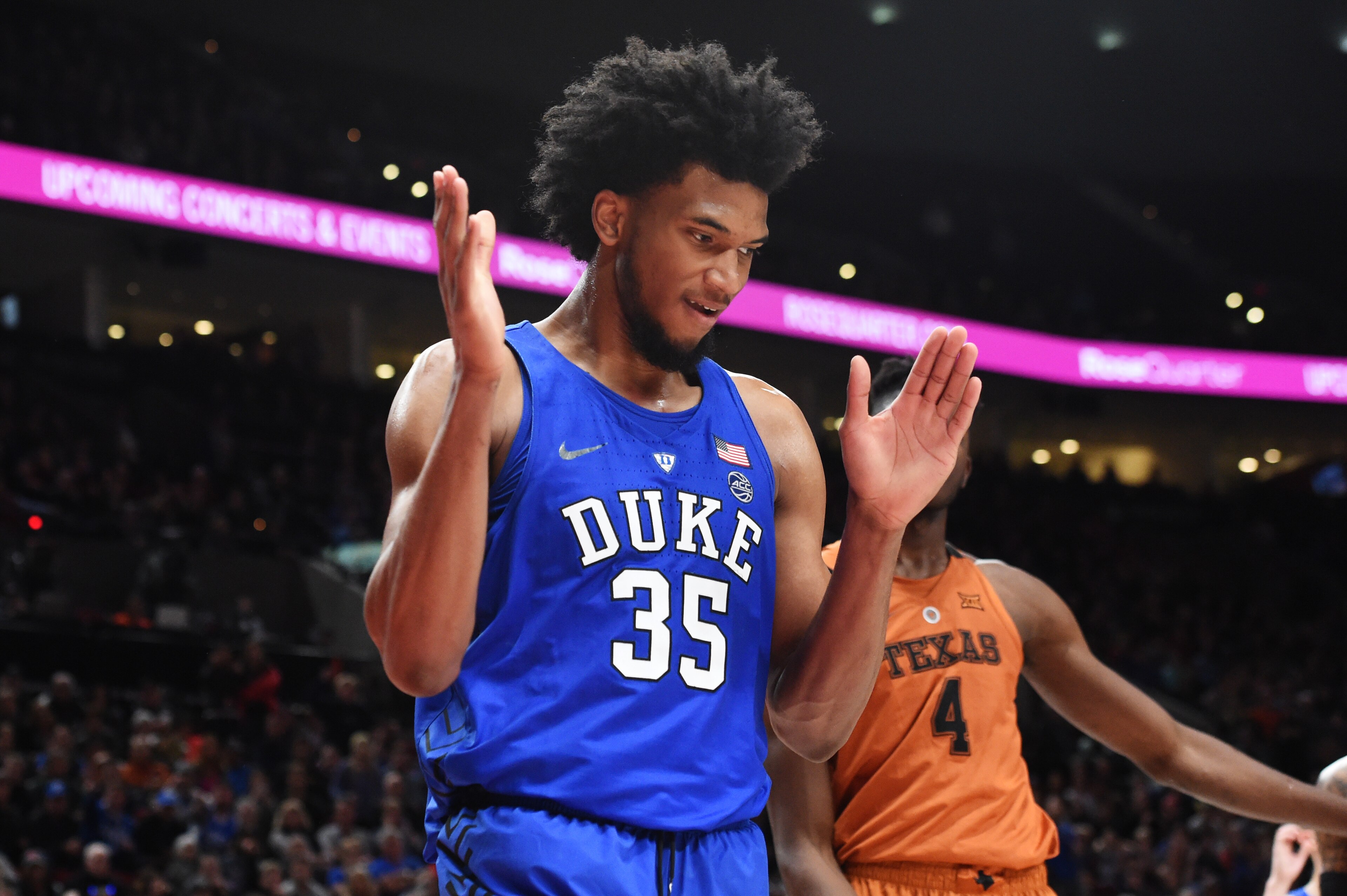 PORTLAND, OR - NOVEMBER 24: Marvin Bagley III #35 of the Duke Blue Devils reacts after scoring late in the second half of the game against the Texas Longhorns during the PK80-Phil Knight Invitational presented by State Farm at the Moda Center on November 