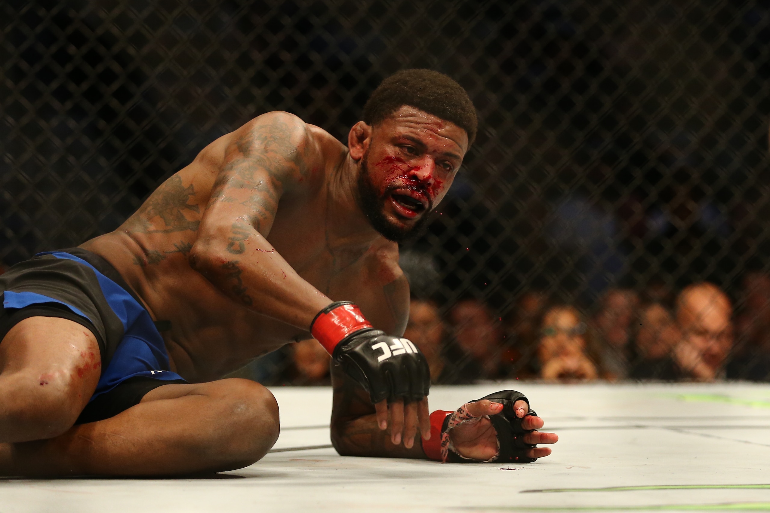 LAS VEGAS, NV - JULY 7: Michael Johnson looks to stand up during his bout against Justin Gaethje The Ultimate Fighter Finale event inside the T-Mobile Arena on July 7, 2017 in Las Vegas, Nevada. (Photo by Rey Del Rio/Getty Images)