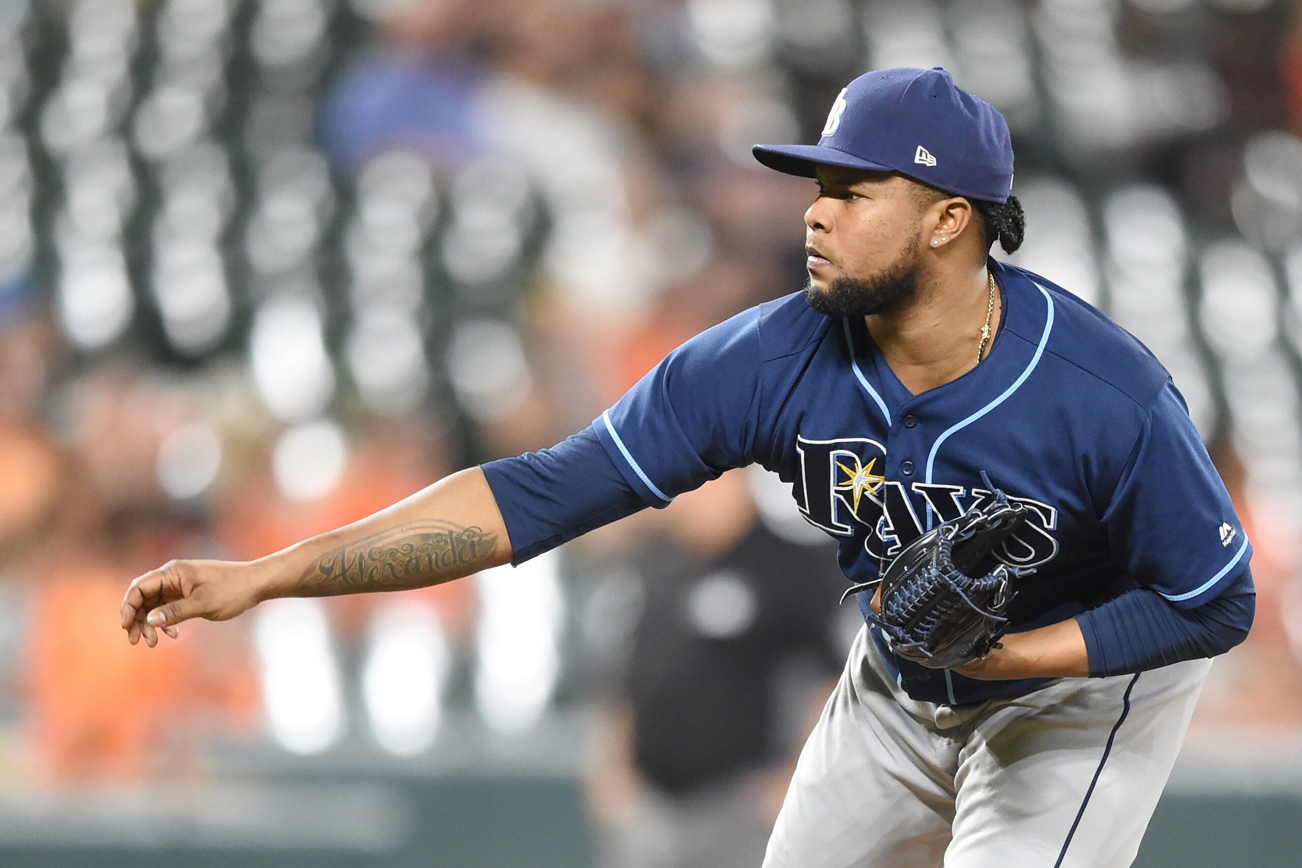 BALTIMORE, MD - SEPTEMBER 23:  Alex Colome #37 of the Tampa Bay Rays pitches during a baseball game against the Baltimore Orioles at Oriole Park at Camden Yards on September 23, 2017 in Baltimore, Maryland.  The Rays won 9-6.  (Photo by Mitchell Layton/Ge