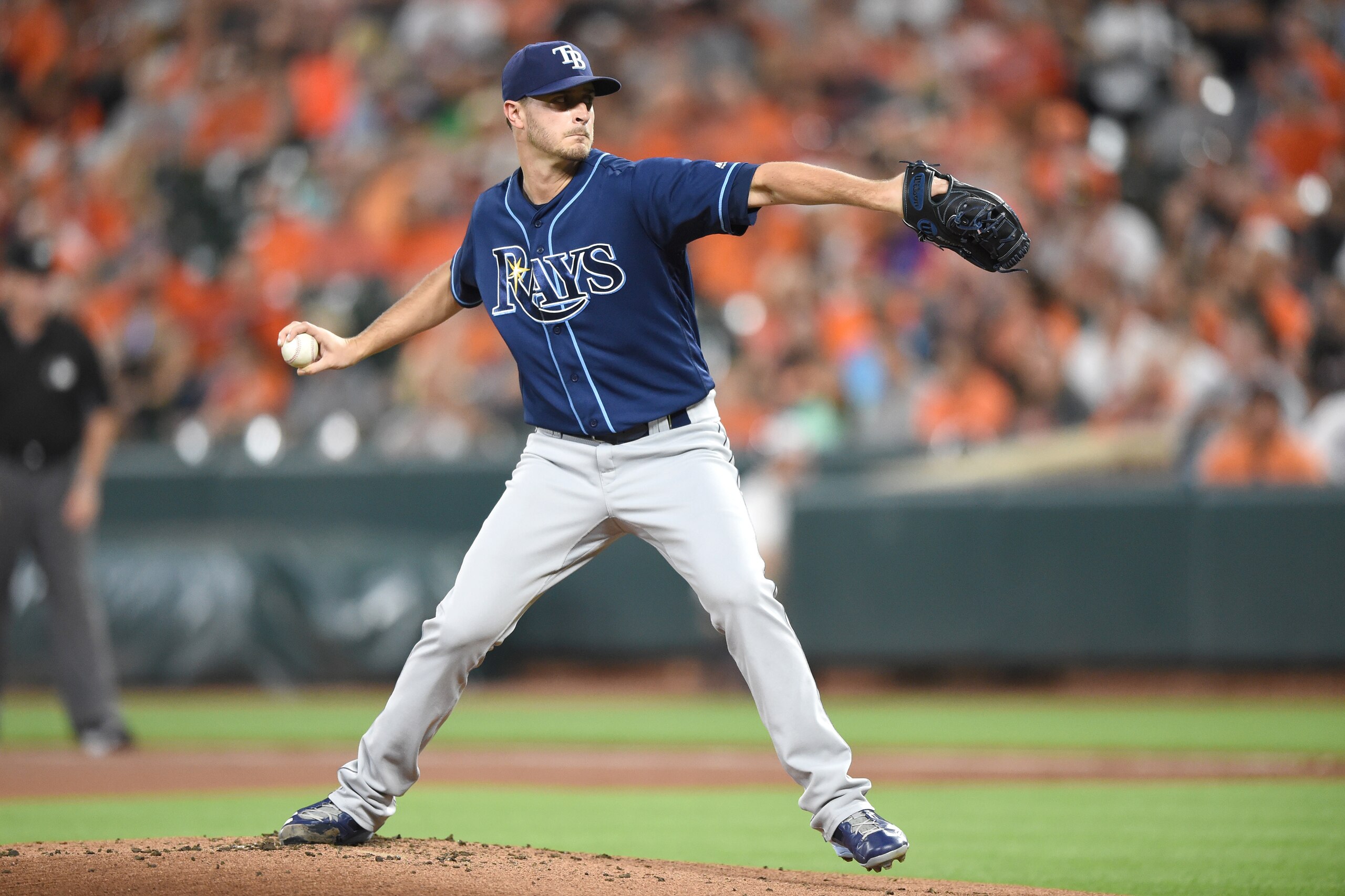 BALTIMORE, MD - SEPTEMBER 23:  Jake Odorizzi #23 of the Tampa Bay Rays pitches during a baseball game against the Baltimore Orioles at Oriole Park at Camden Yards on September 23, 2017 in Baltimore, Maryland.  The Rays won 9-6.  (Photo by Mitchell Layton/