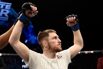 LAS VEGAS, NV - DECEMBER 01:  Brett Johns of Wales celebrates after his submission victory over Joe Soto in their bantamweight bout during the TUF Finale event inside Park Theater on December 01, 2017 in Las Vegas, Nevada. (Photo by Jeff Bottari/Zuffa LLC