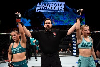 LAS VEGAS, NV - DECEMBER 01:  The women's flyweight bout between DeAnna Bennett (L) and Melinda Fábián (R) is declared a draw during the TUF Finale event inside Park Theater on December 01, 2017 in Las Vegas, Nevada. (Photo by Jeff Bottari/Zuffa LLC/Zuffa